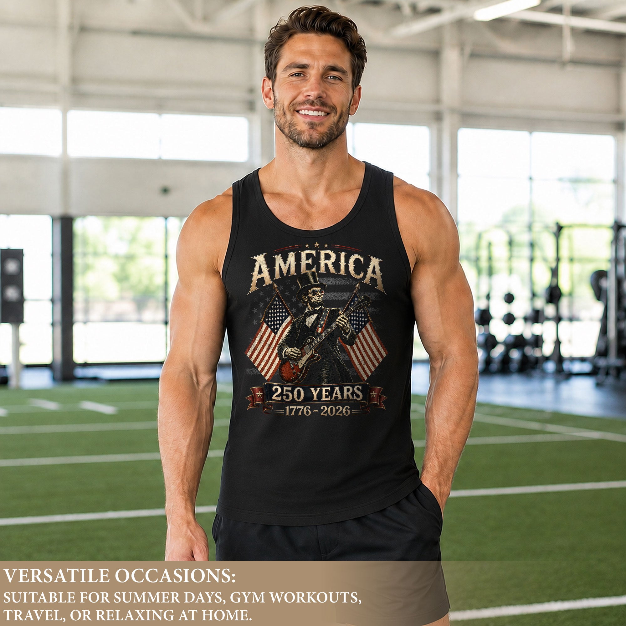 Rockstar Lincoln Guitar Men Tank Top - Retro Fireworks 1776 2026 Quarter Millennial Tee