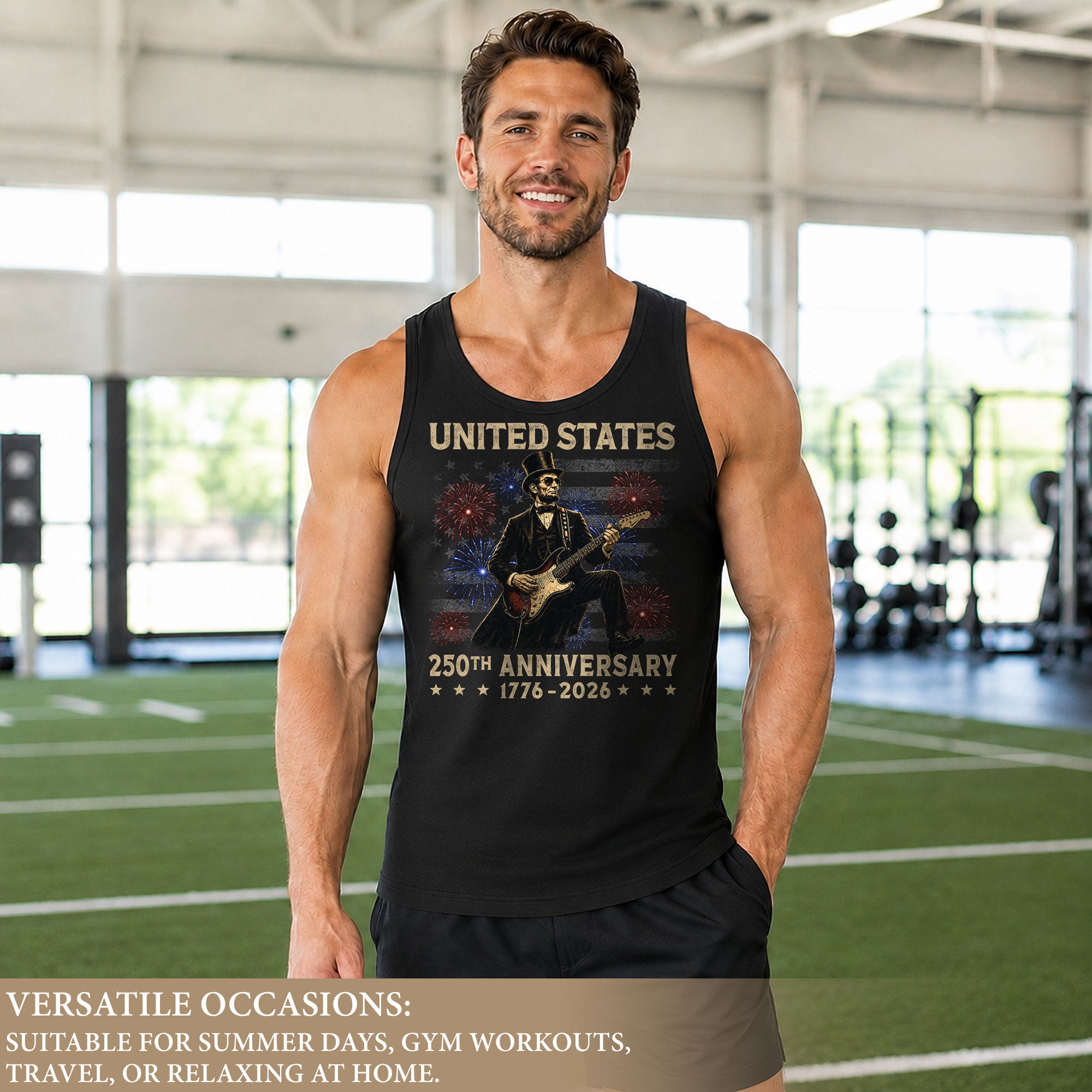 Honest Abe Guitar Men Tank Top - Patriotic Fireworks 1776 2026 Retro July 4th Mens Tee