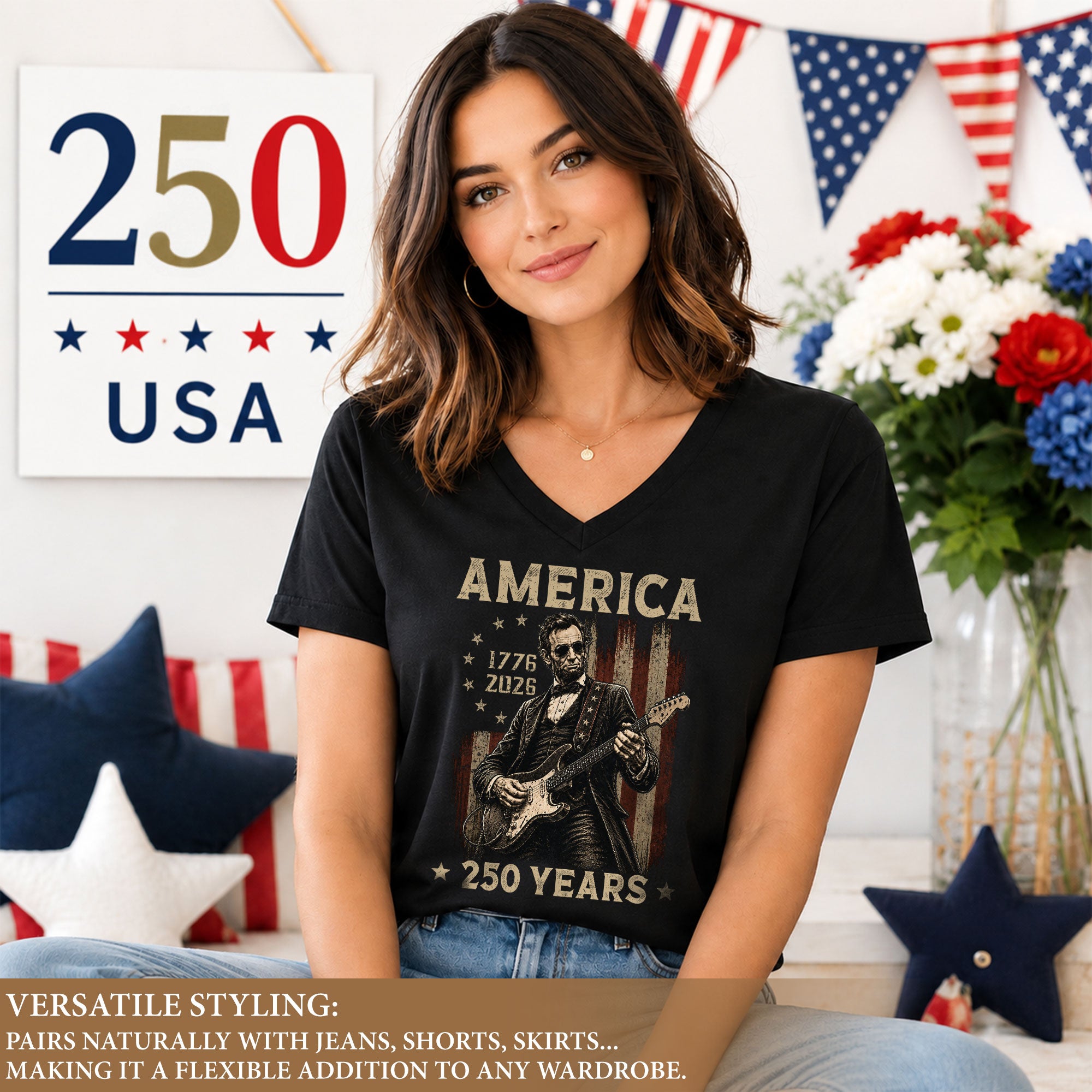 Lincoln Guitarist 1776-2026 Patriotic V-Neck Shirt - Graphic Summer Tee for Women