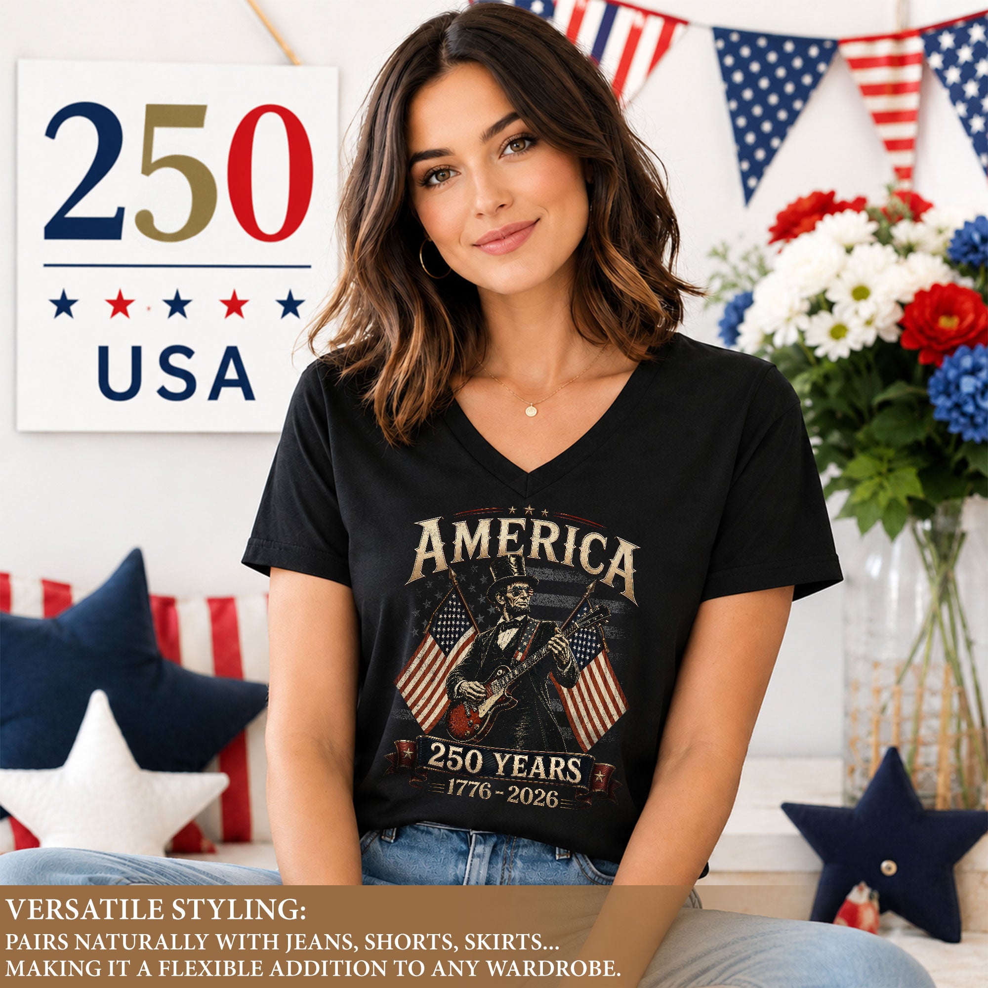 Patriotic 1776-2026 Lincoln Top Hat V-Neck Shirt - Women's Graphic Summer Tee Top