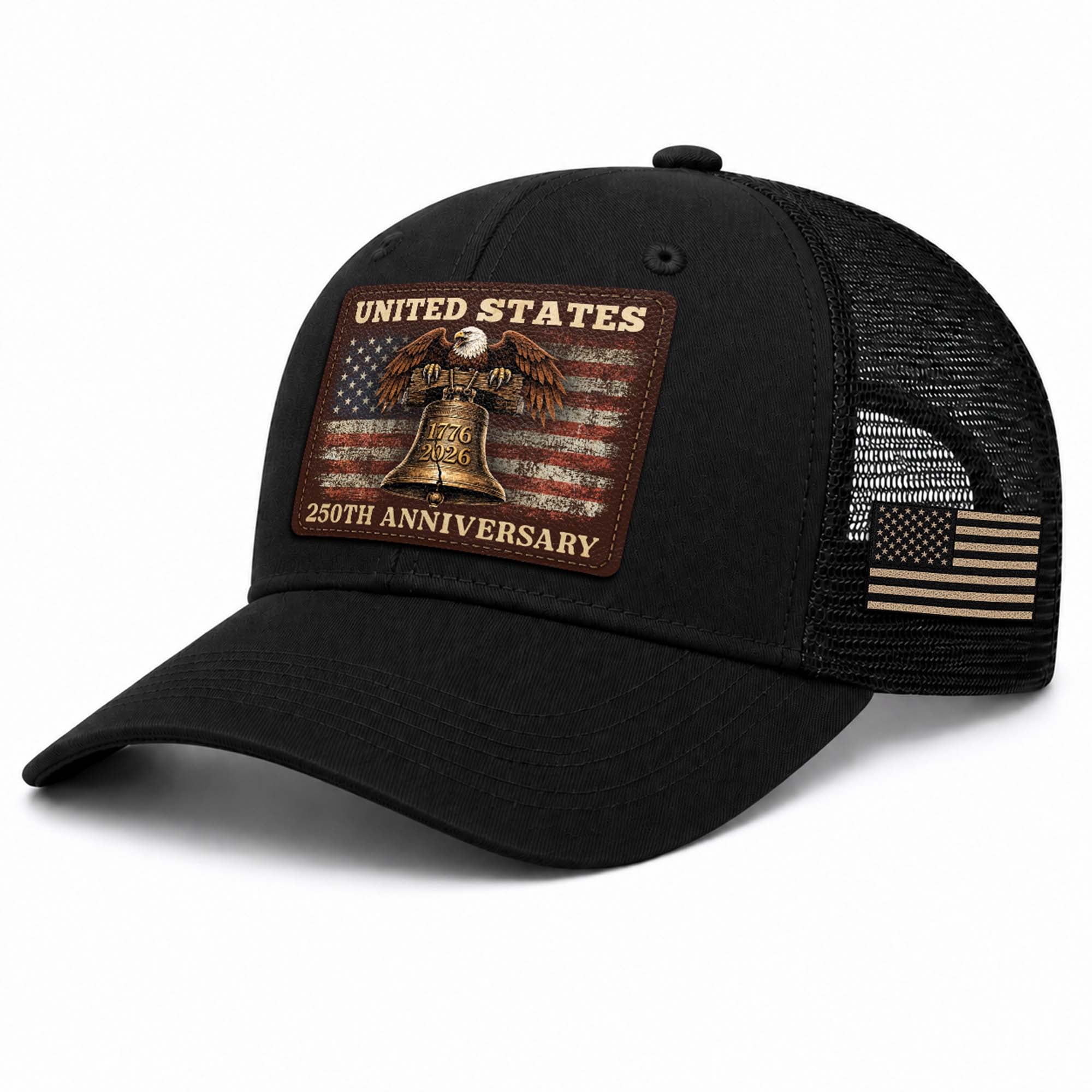 Patriotic Trucker Hat United States 250th Anniversary American Eagle Leather Patch Cap
