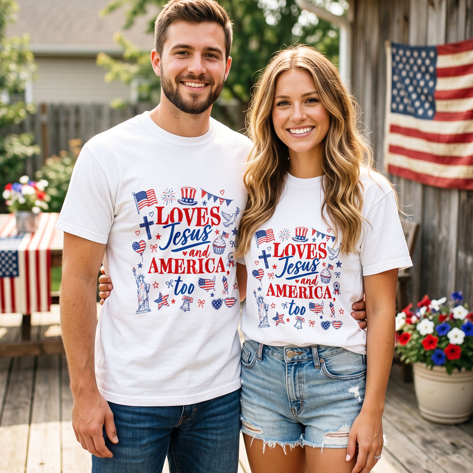 Loves Jesus and America Too Shirt Patriotic Christian Tee Religious United States Apparel