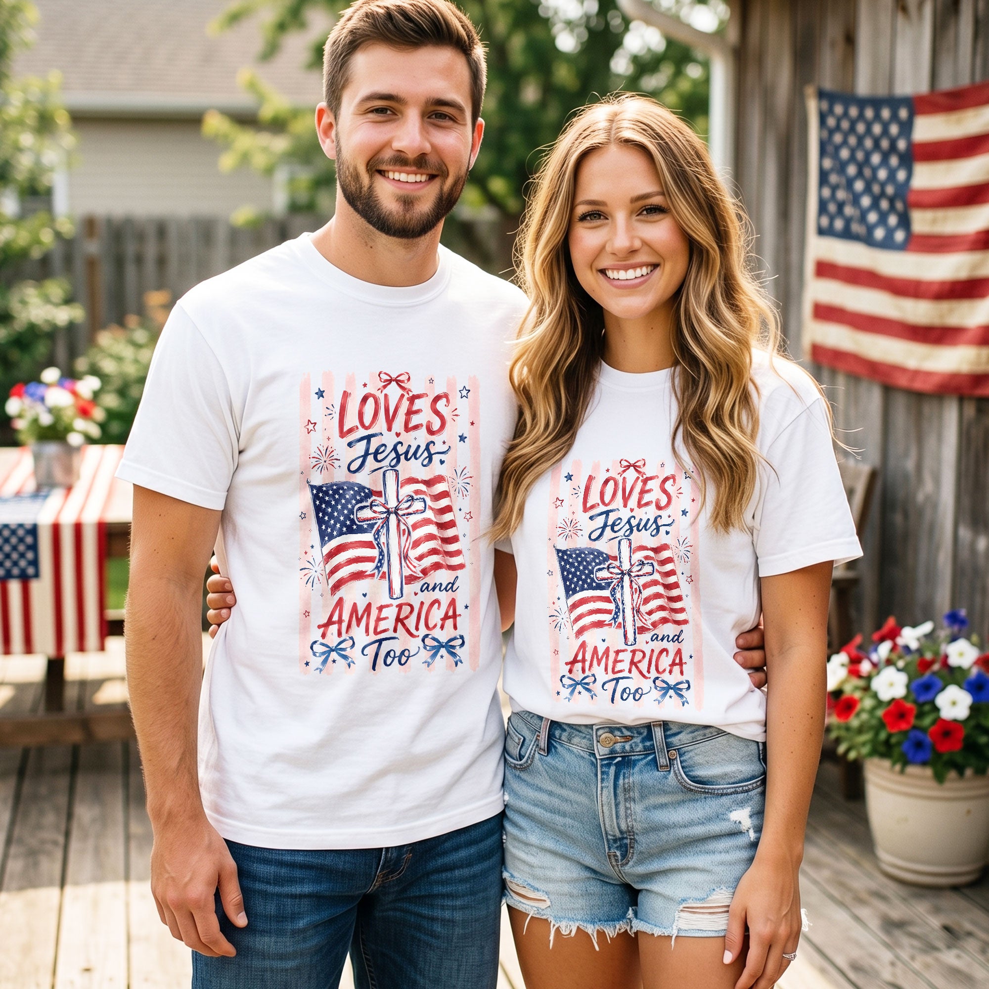 Loves Jesus and America Too Shirt USA Pride Graphic Tee Faithful Patriot Unisex Top Gift