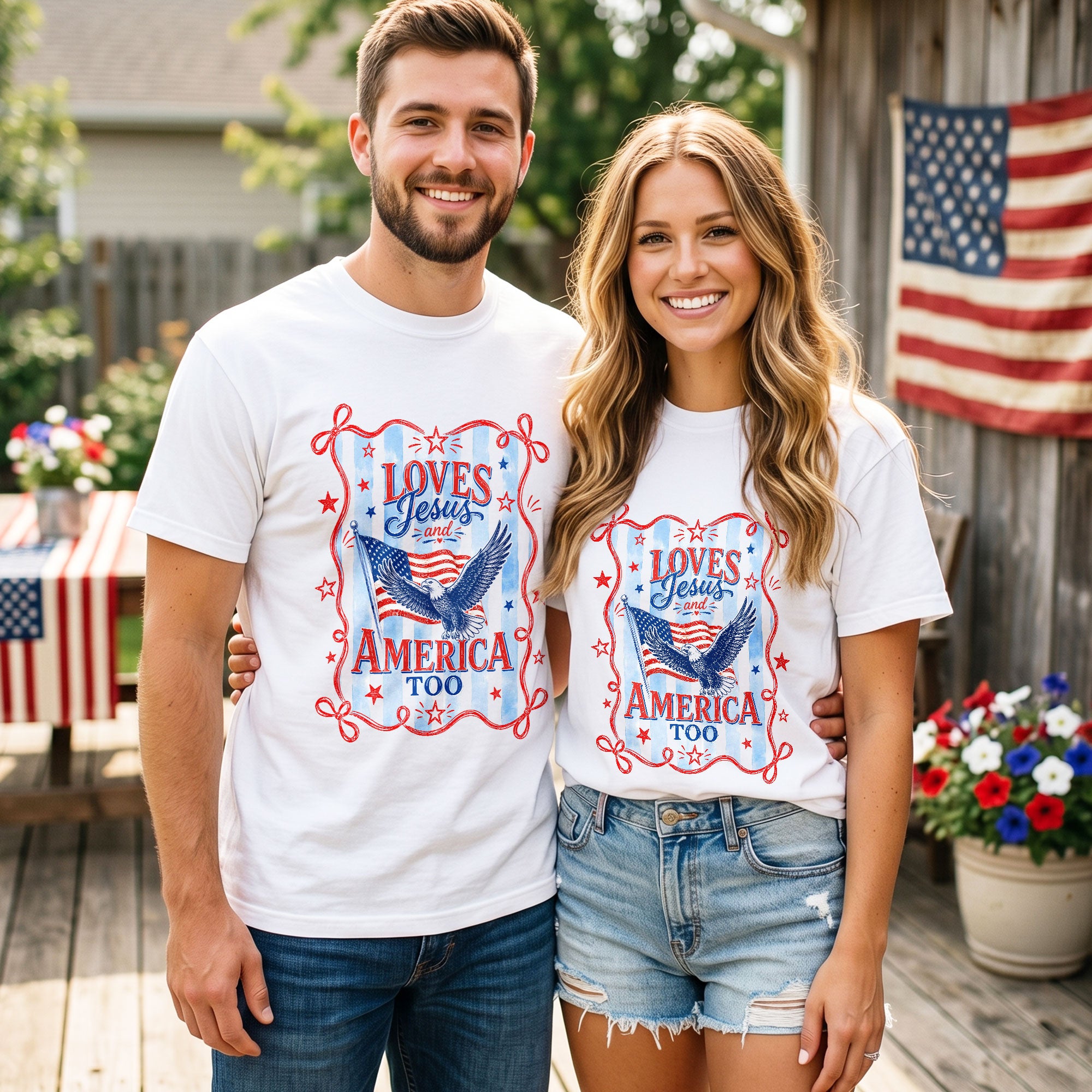 Loves Jesus and America Too Shirt Patriotic Eagle Graphic Tee Christian Faith US Pride Top