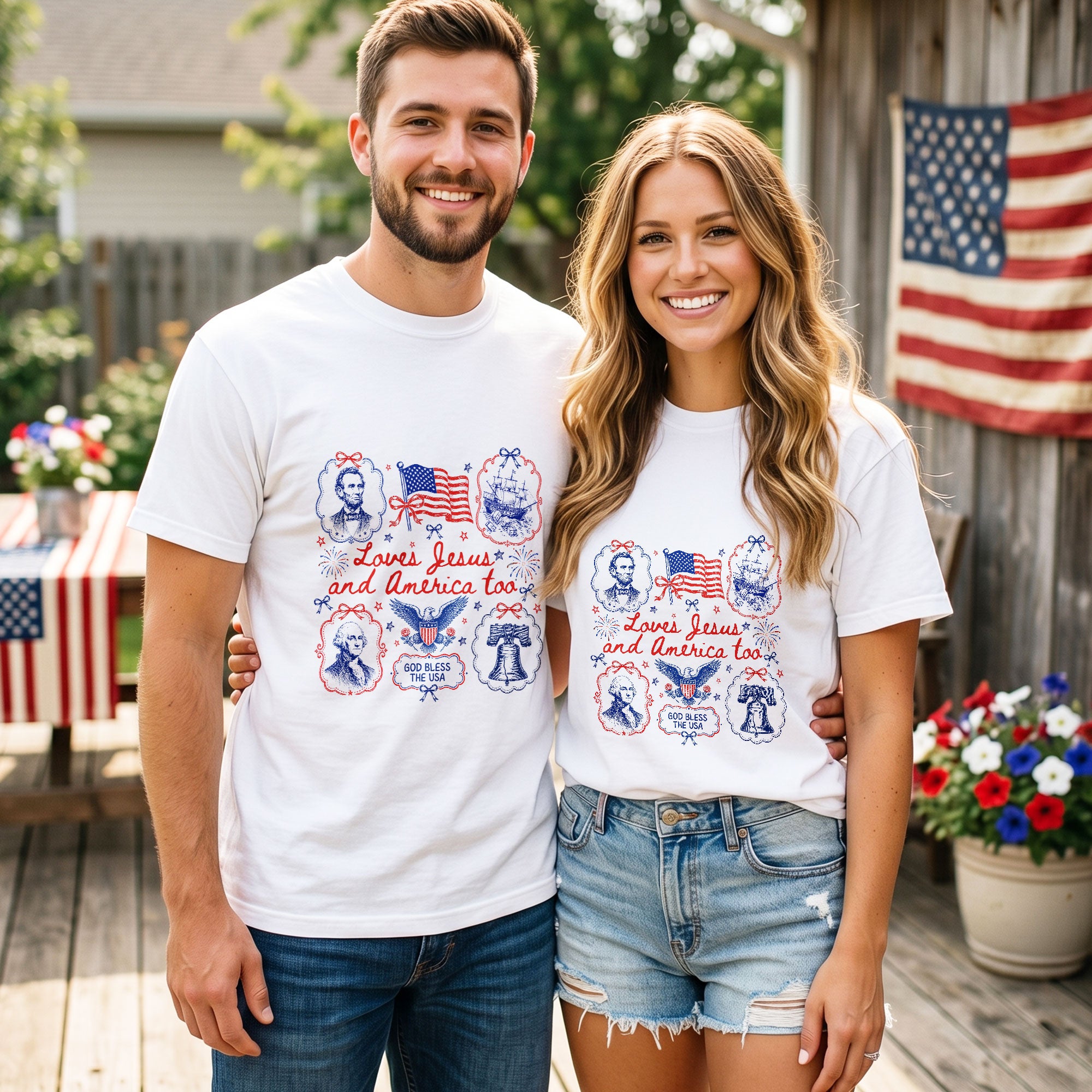 Loves Jesus and America Too Shirt Historical Patriotic Tee Washington Lincoln Faith Top