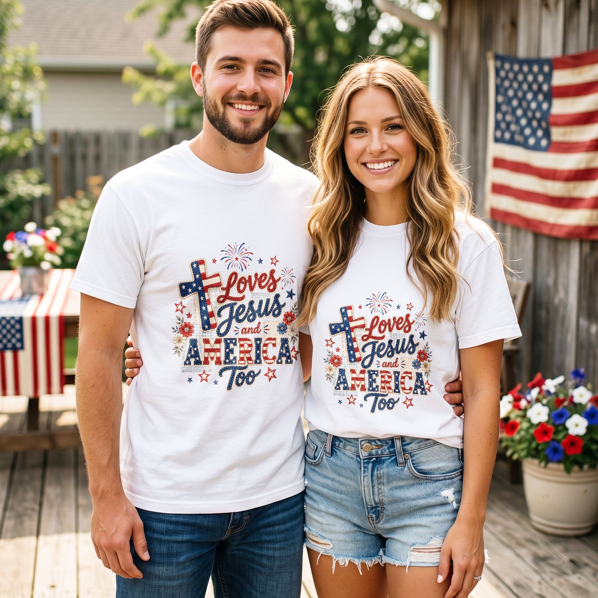 Loves Jesus and America Too Shirt Christian Cross Graphic Tee Patriotic Faith Western Top