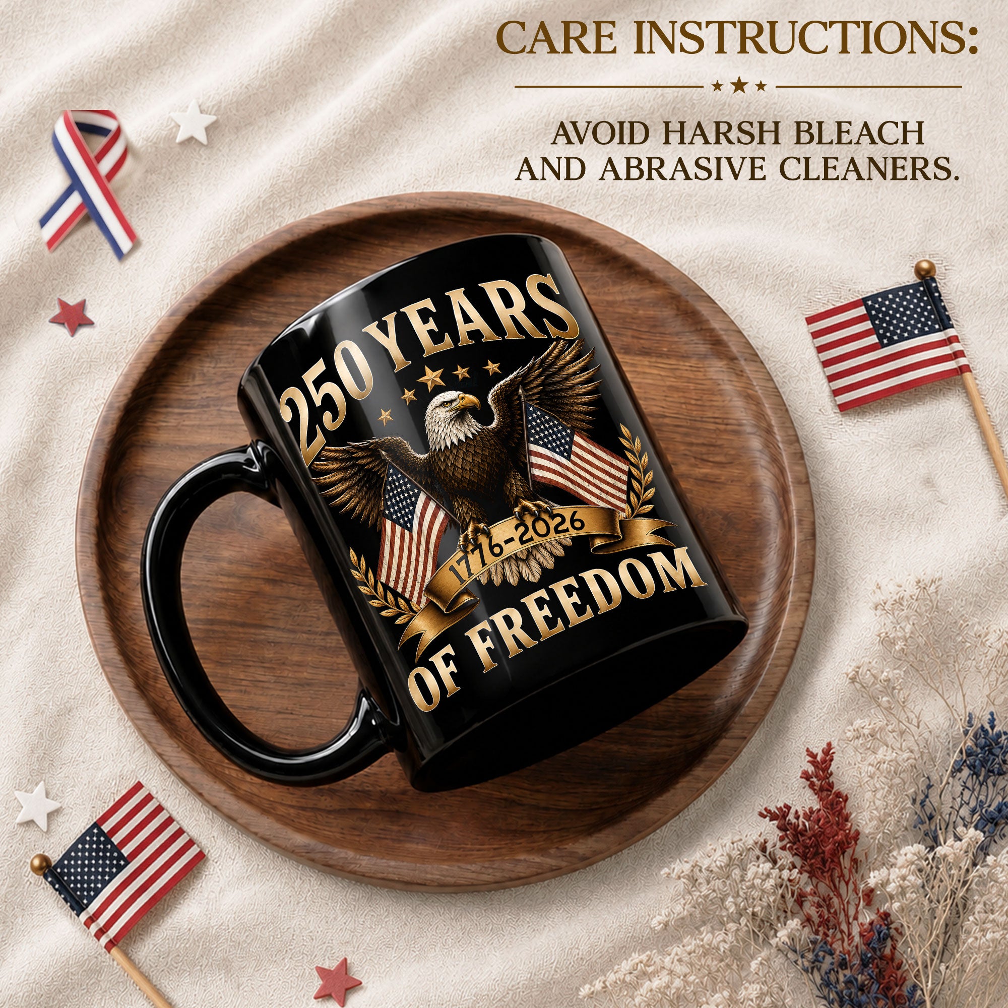 Patriotic Mug 250 Years of Freedom 1776-2026 American Eagle Gold Laurel Ceramic Cup