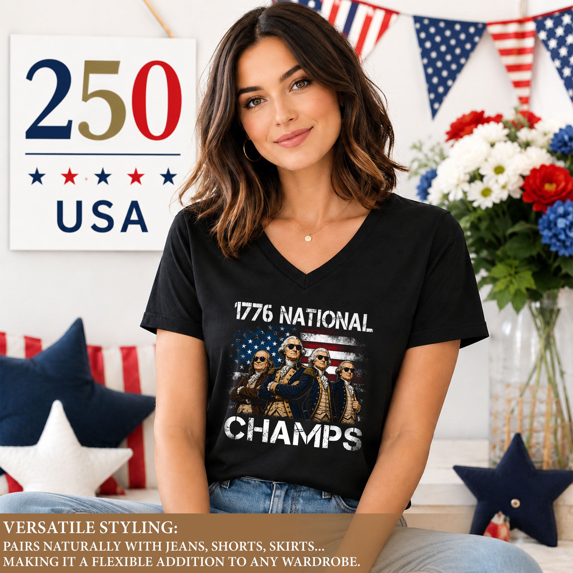 1776 National Champs Patriotic Women V-Neck Shirt - Vintage Style American History Apparel