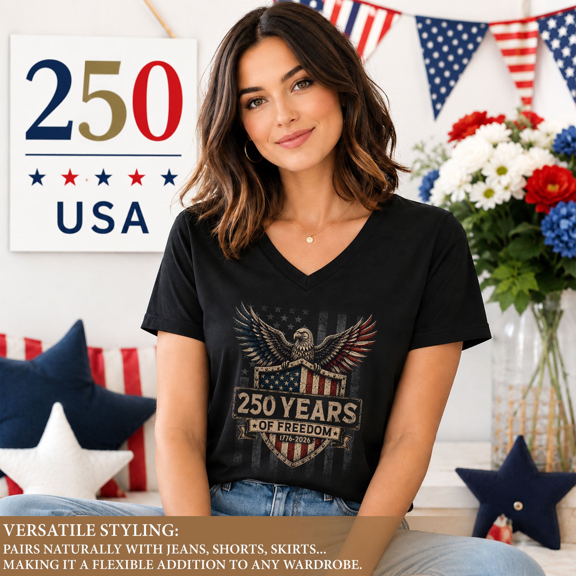 Women V Neck 250 Years of Freedom Shirt 1776 2026 Patriotic American Eagle Graphic Tee