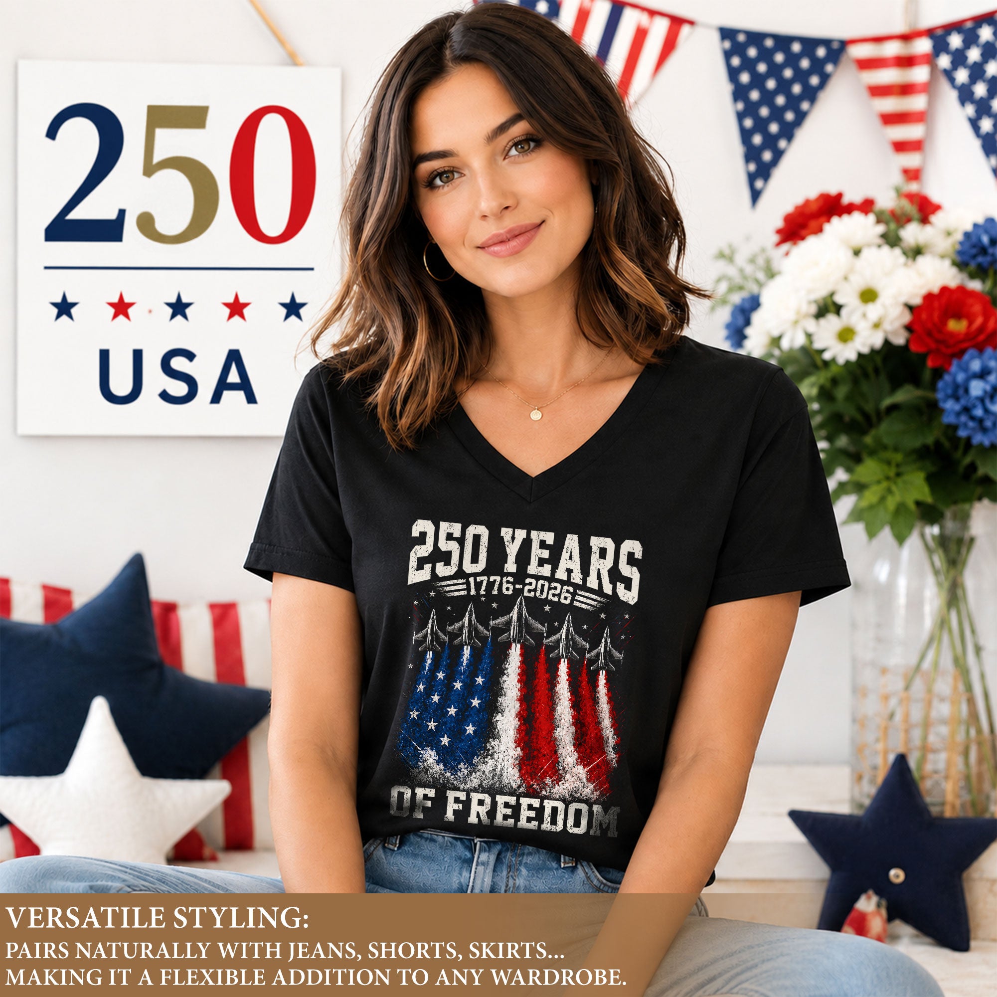 Women V Neck 250 Years of Freedom Shirt 1776 2026 Fighter Jet Patriotic Graphic Tee