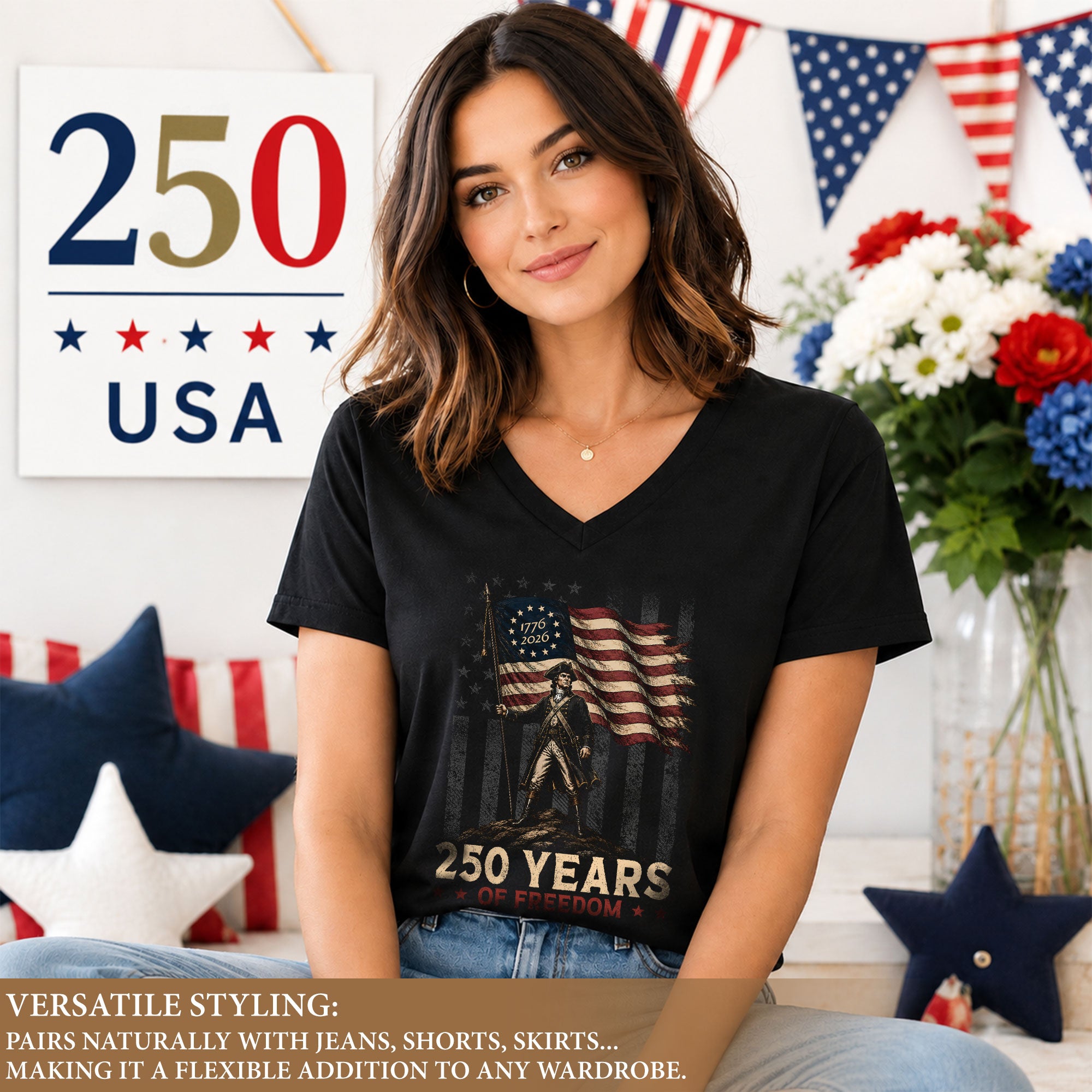 Women V Neck 250 Years of Freedom T-Shirt Patriotic Betsy Ross US Flag Graphic Top