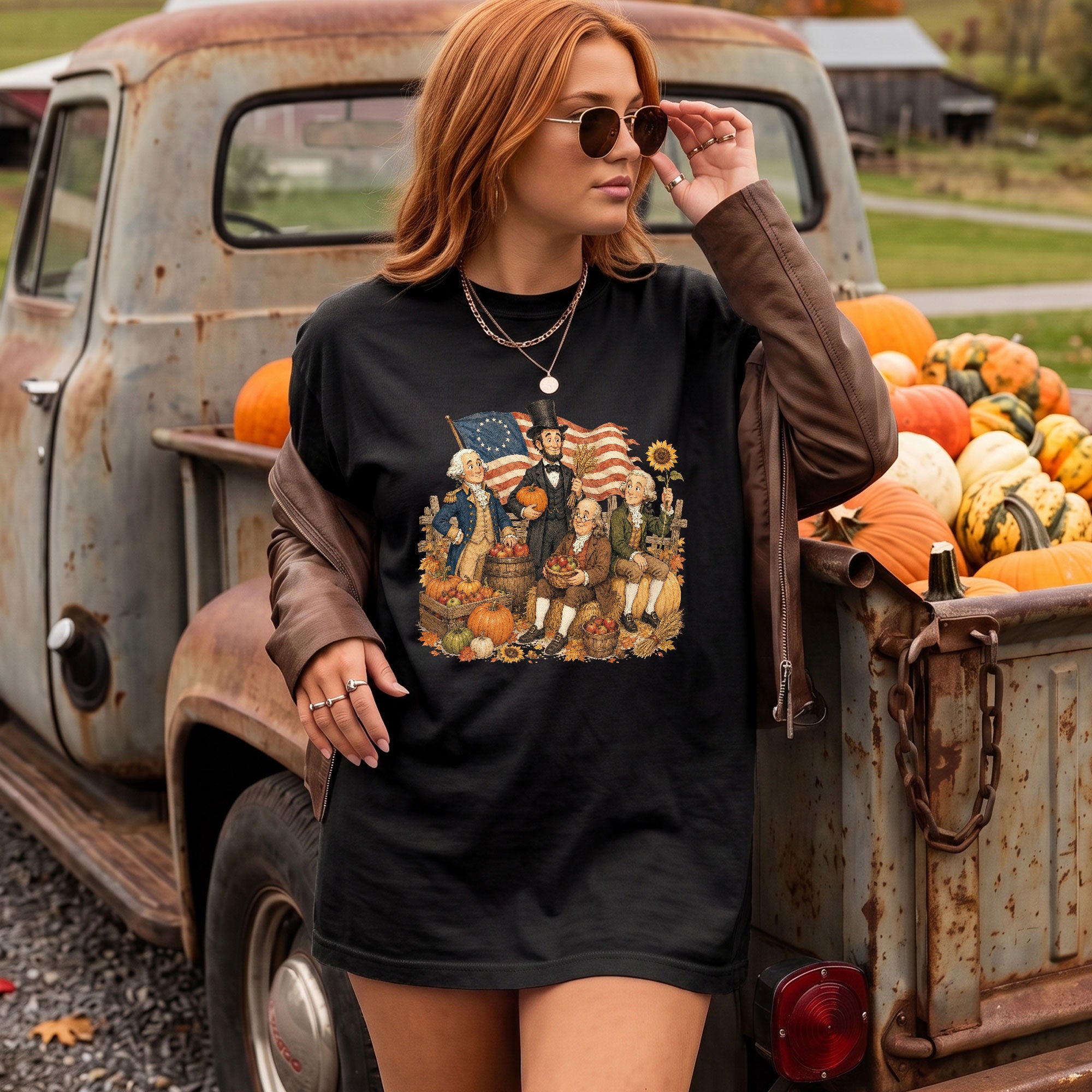 Historical Figures Fall T-Shirt Patriotic Autumn Graphic Tee for Thanksgiving Lovers