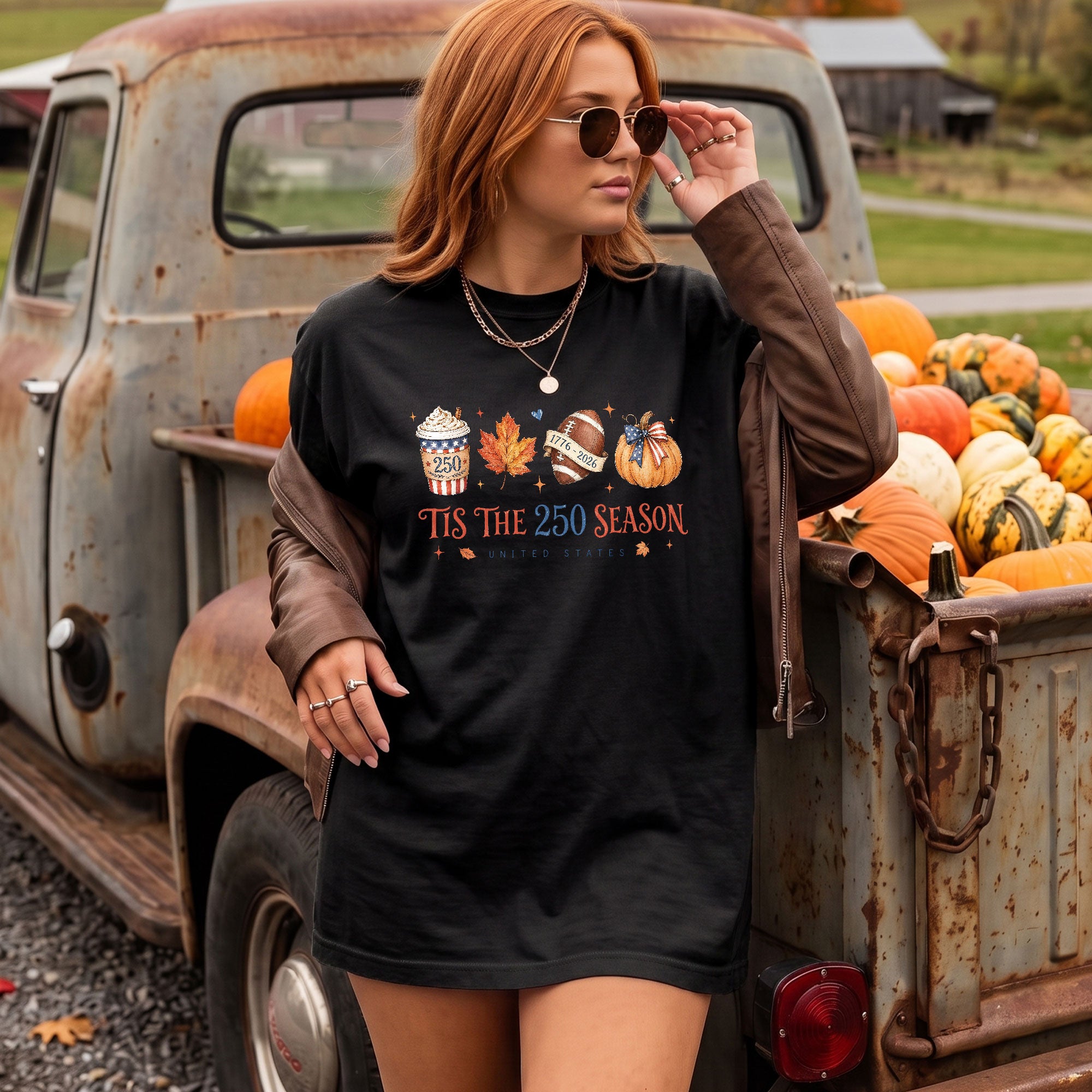 Tis The 250 Season United States T-Shirt: Festive Fall Pumpkin Football Graphic Tee