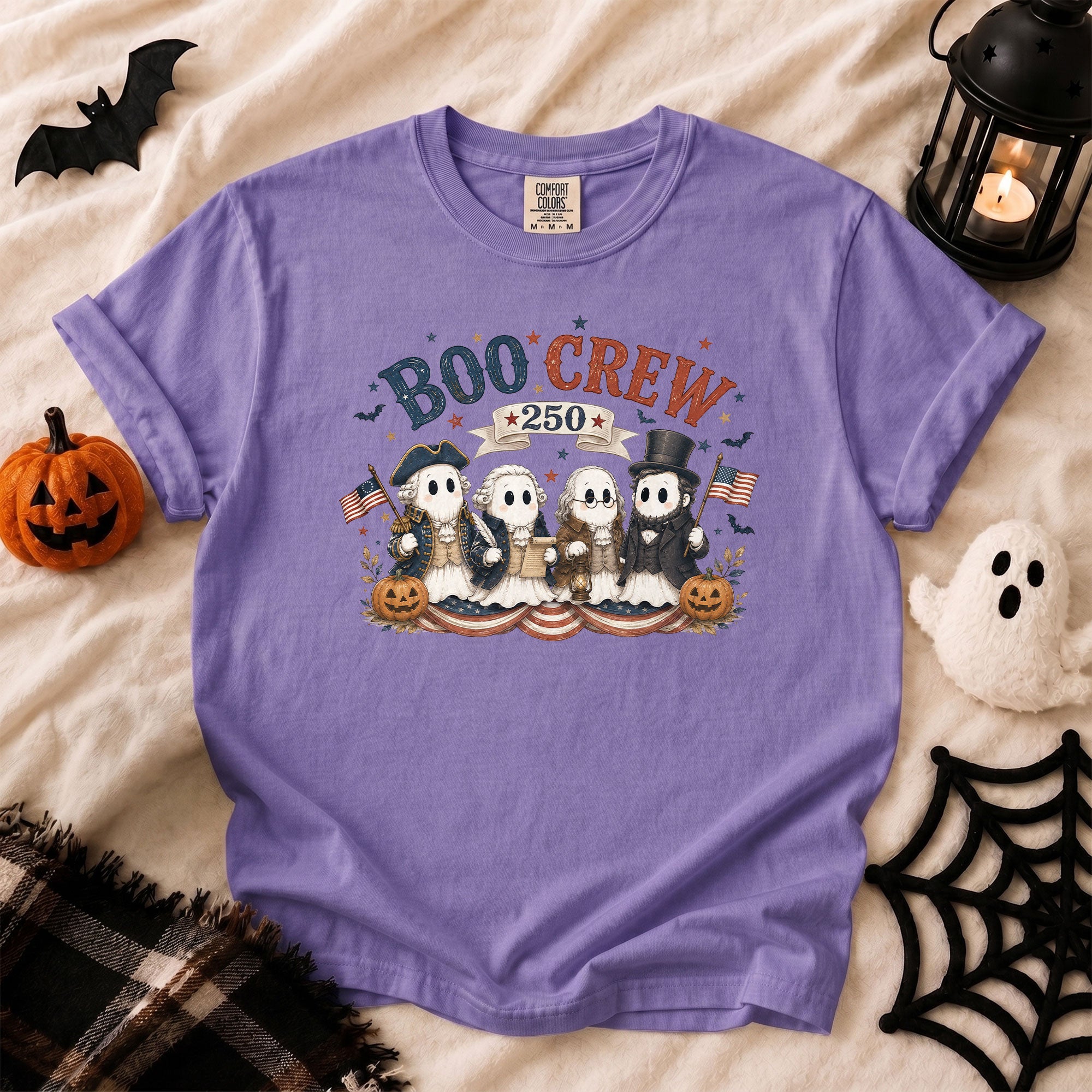 Boo Crew Halloween Shirt Patriotic Founding Fathers Ghosts US Flag Historical Tee