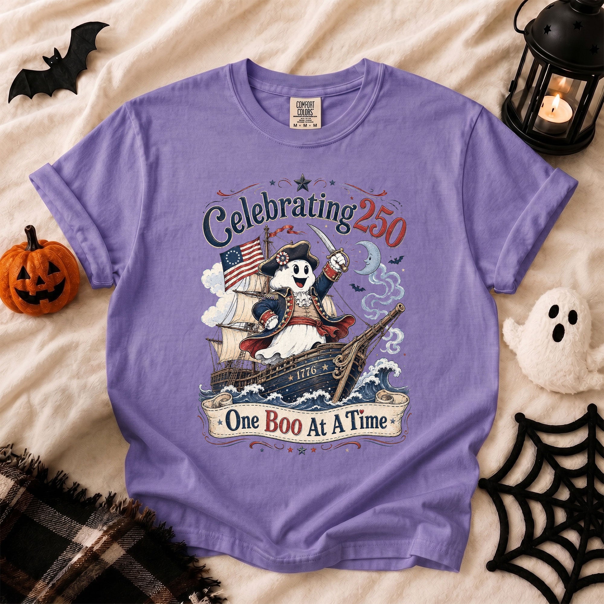 One Boo At A Time Shirt Celebrating 250 Ghost Captain Ship Patriotic Halloween Tee