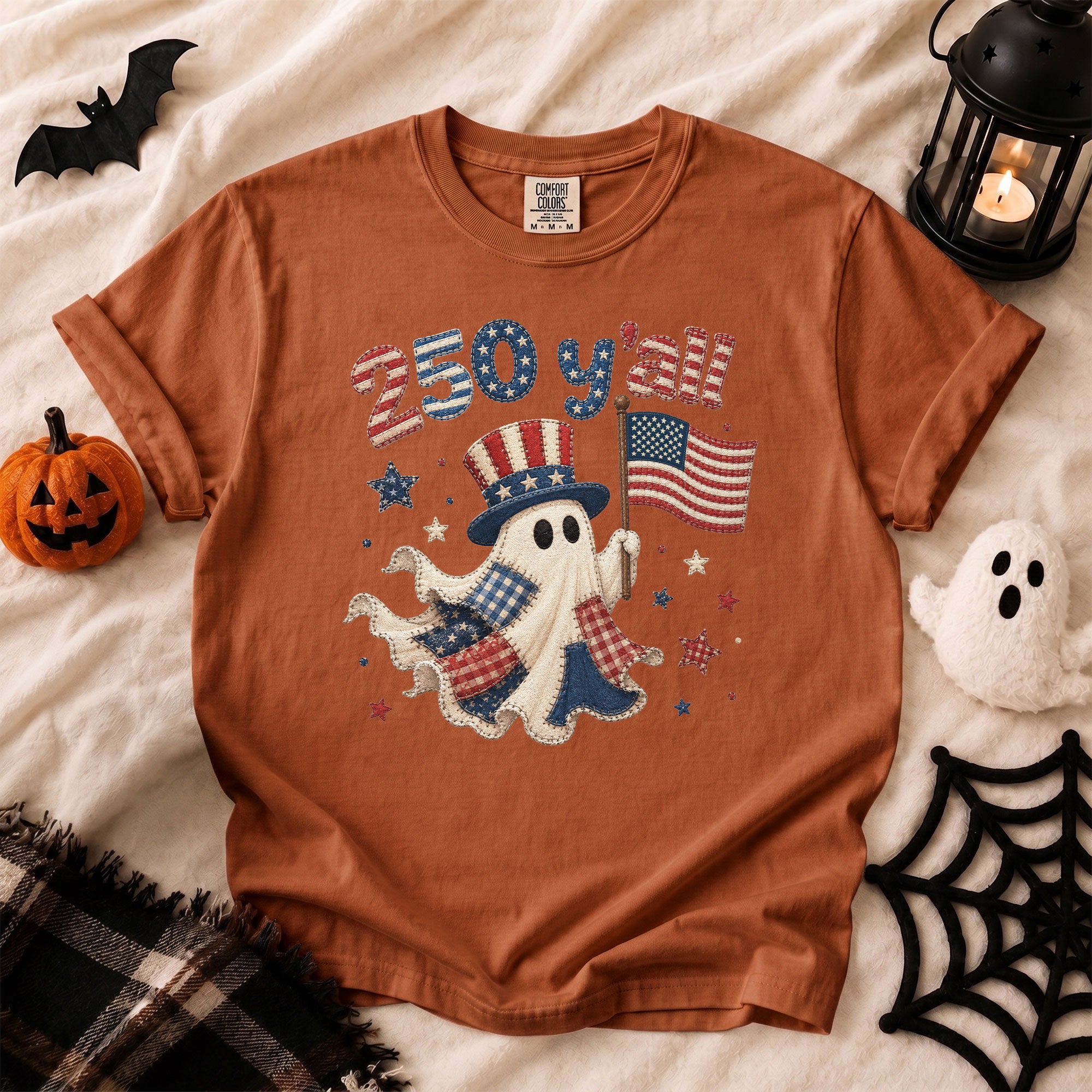 250 Y'all Shirt Patriotic Halloween Ghost Uncle Sam Hat American Flag Graphic Tee