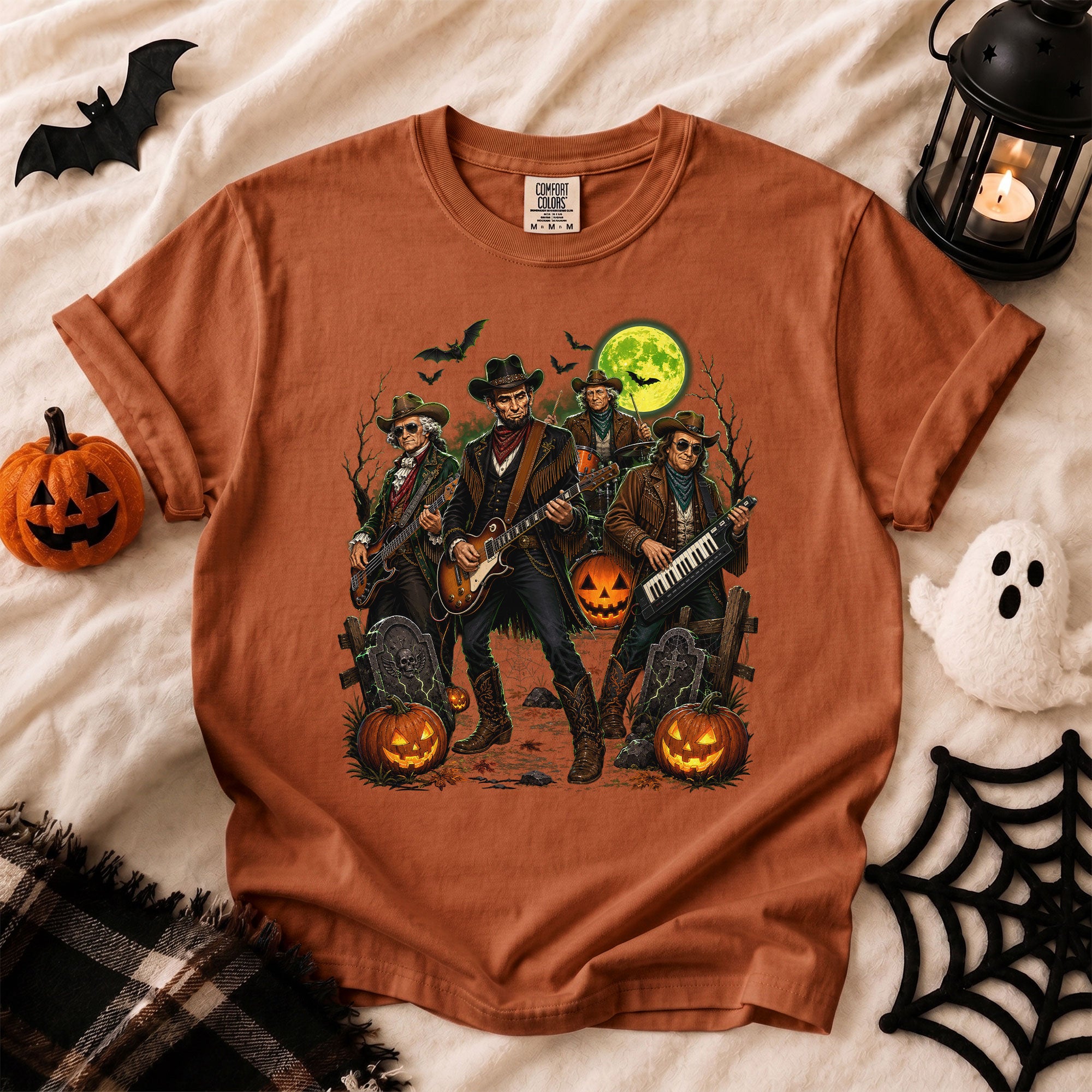 Lincoln Playing Guitar Halloween Shirt Funny Presidents Rock Band Spooky Graphic Tee