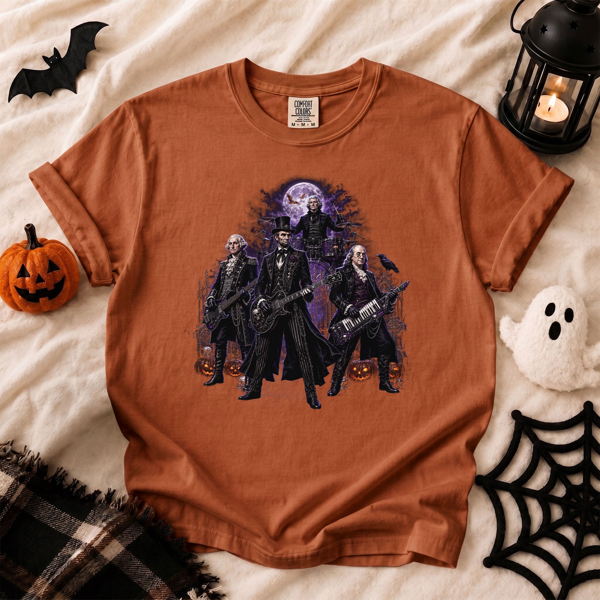 Lincoln Playing Guitar Halloween Shirt Funny Presidents Rock Band Goth Graphic Tee