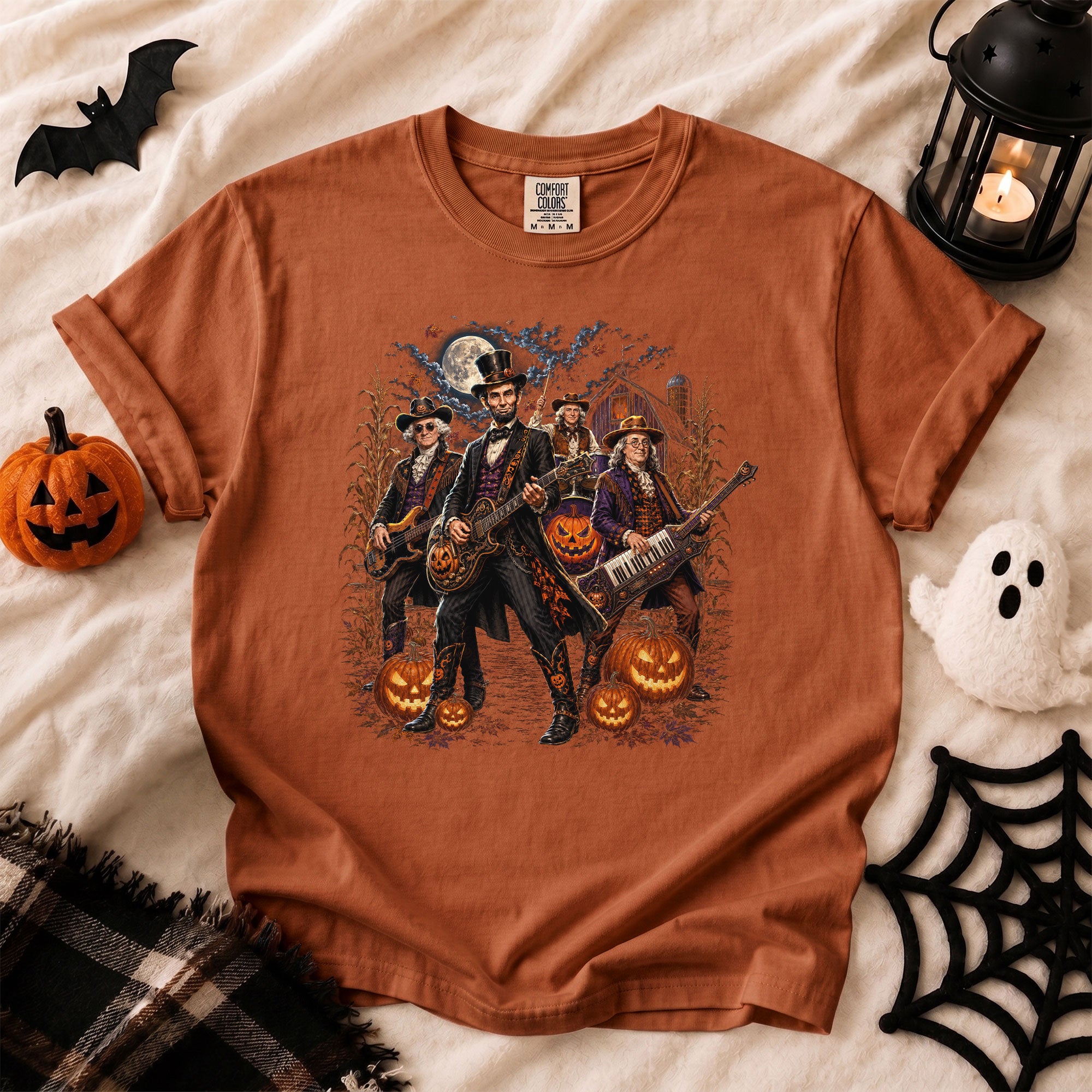 Lincoln Playing Guitar Halloween Shirt Midnight Cemetery Rock Band Vintage Tee
