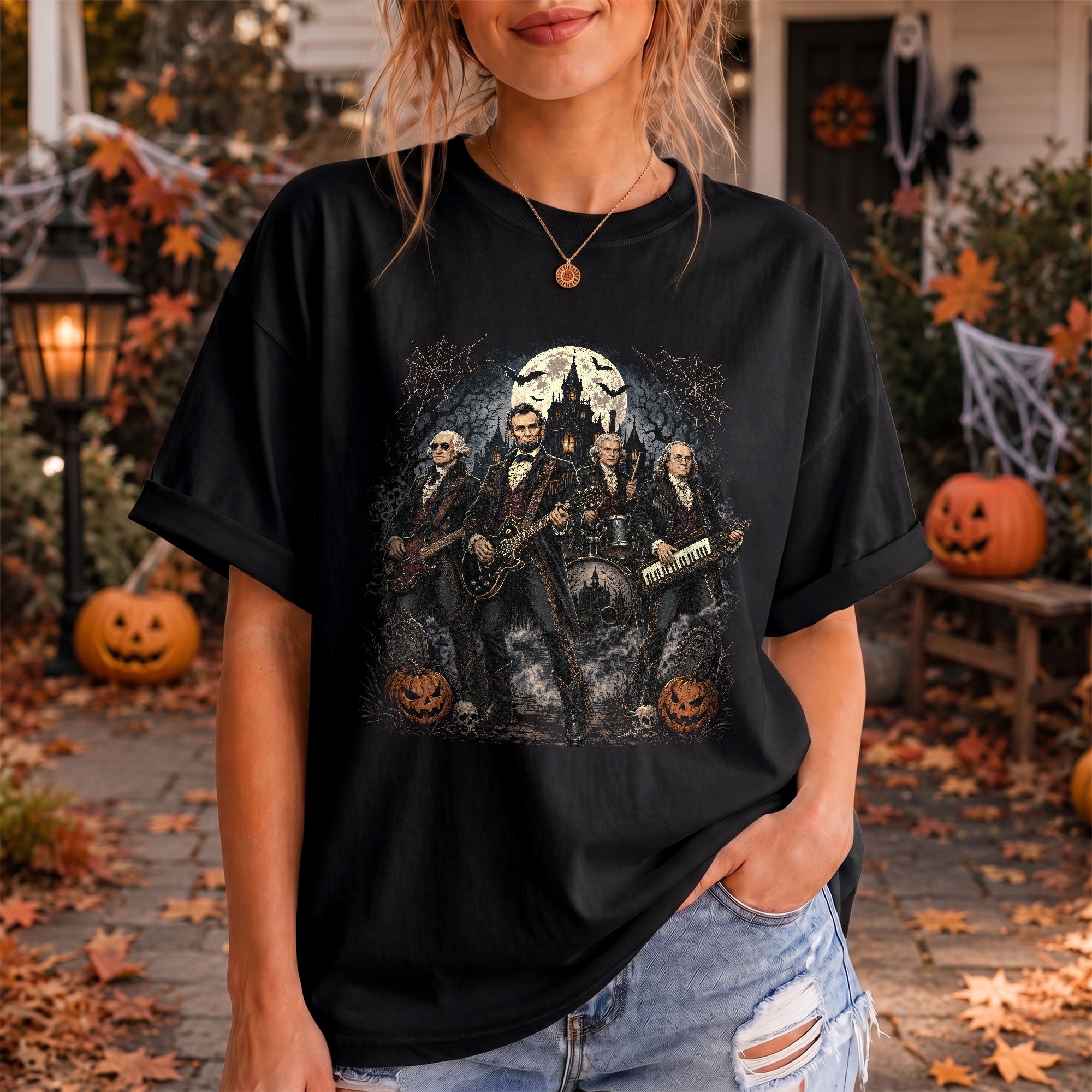 Lincoln Playing Guitar Halloween Shirt Spooky Haunted Mansion Presidential Rock Band Tee