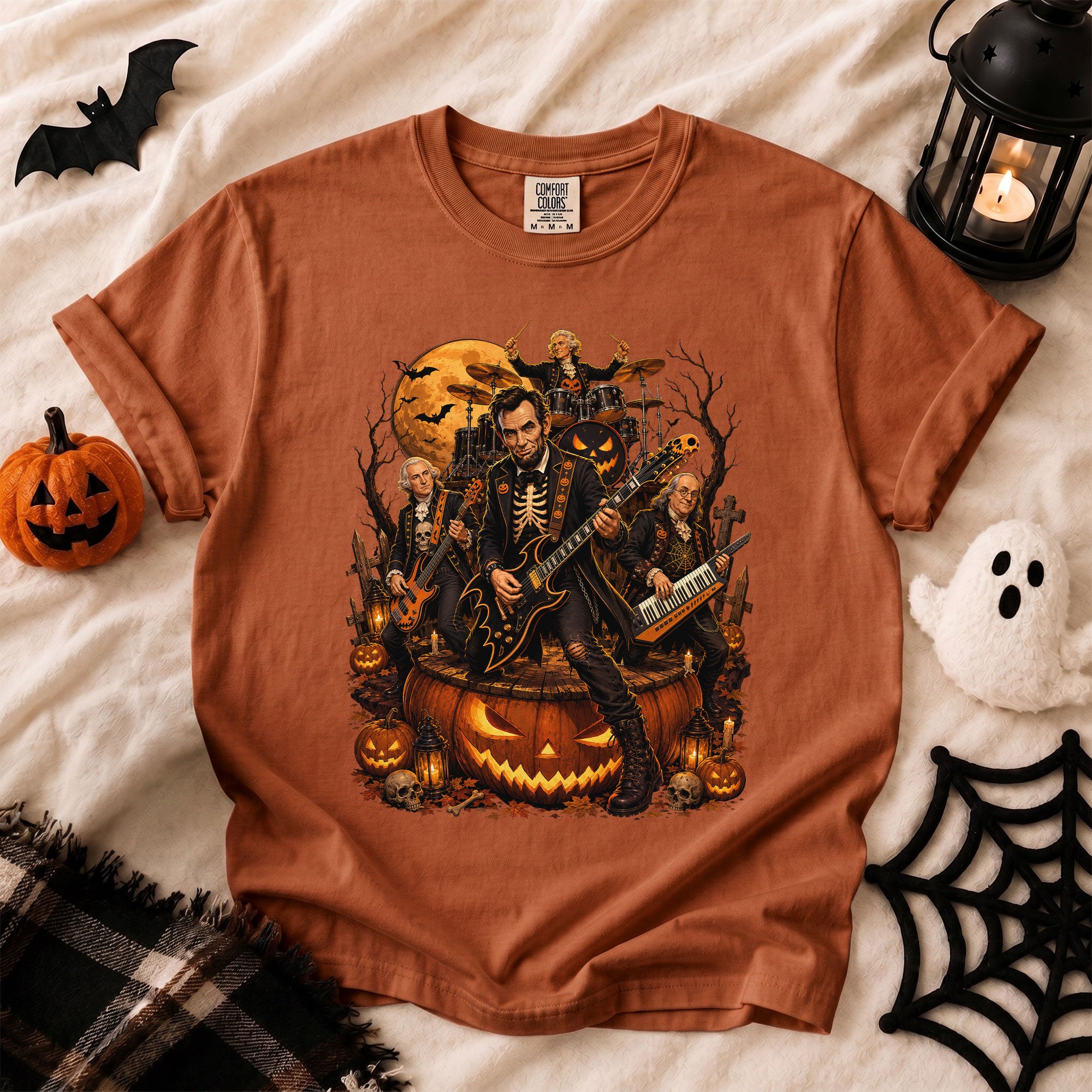Lincoln Playing Guitar Halloween Shirt Giant Jack O Lantern Stage Skeleton Rock Band Tee