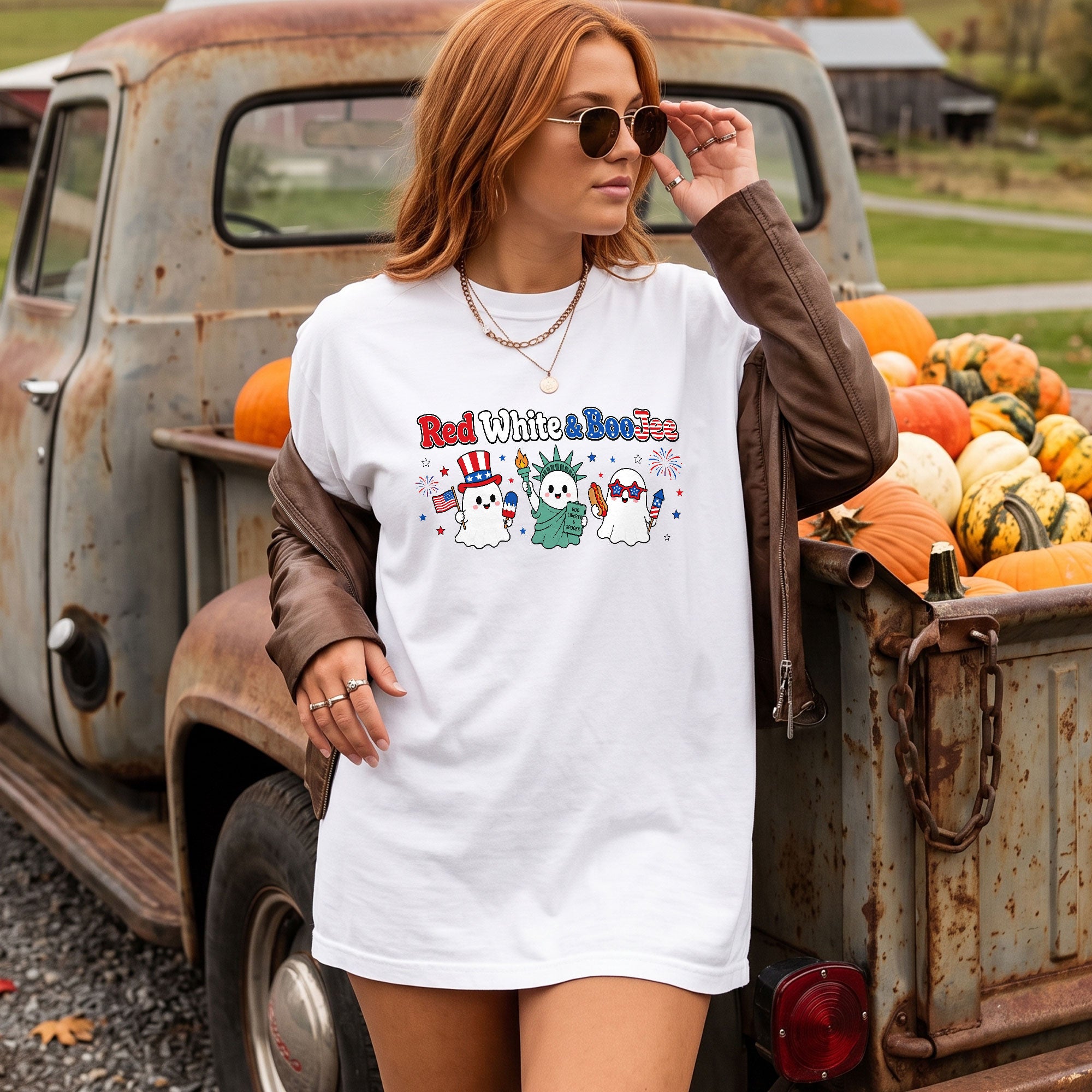 Unique Red White And BooJee Tee Adorable Patriotic Ghost Cartoon Graphic Shirt