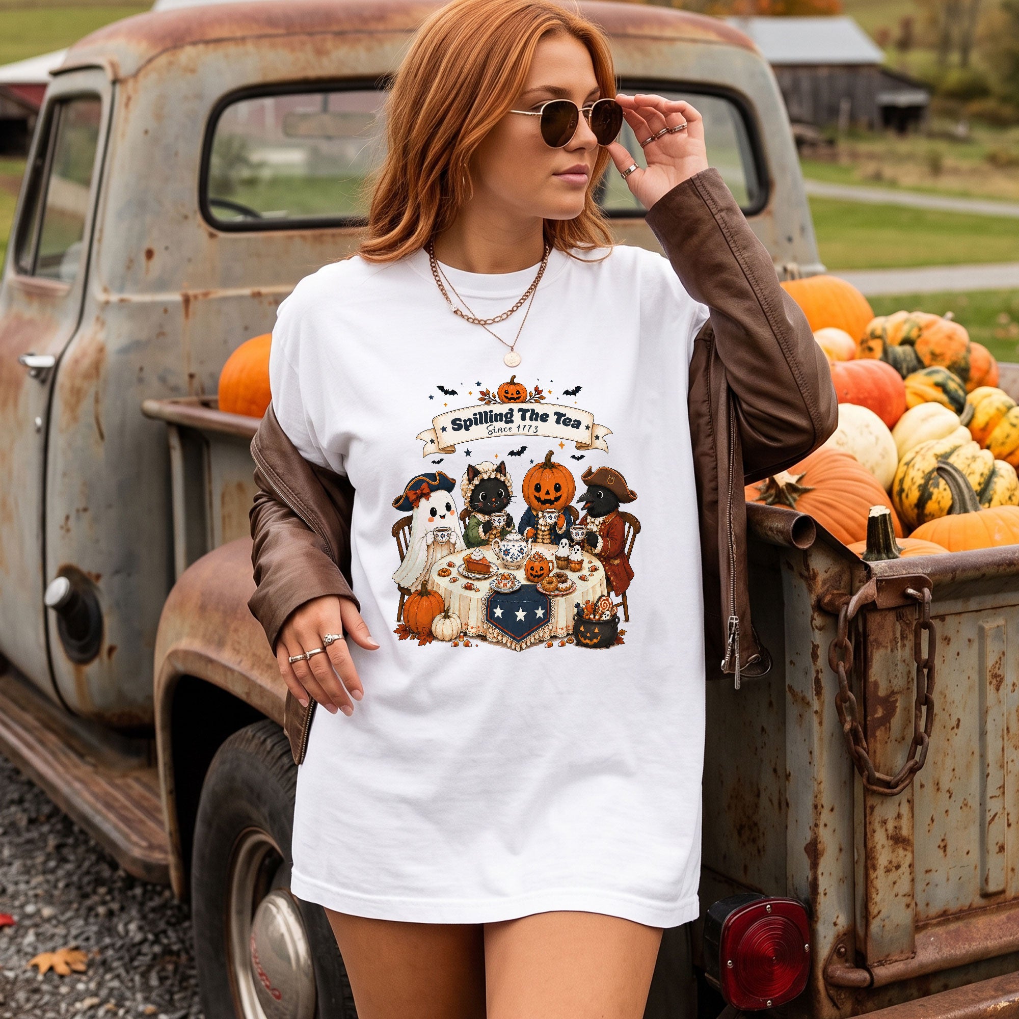Spilling The Tea Since 1773 Tee Cute Aesthetic Halloween Ghost Cat Pumpkin Fall Shirt