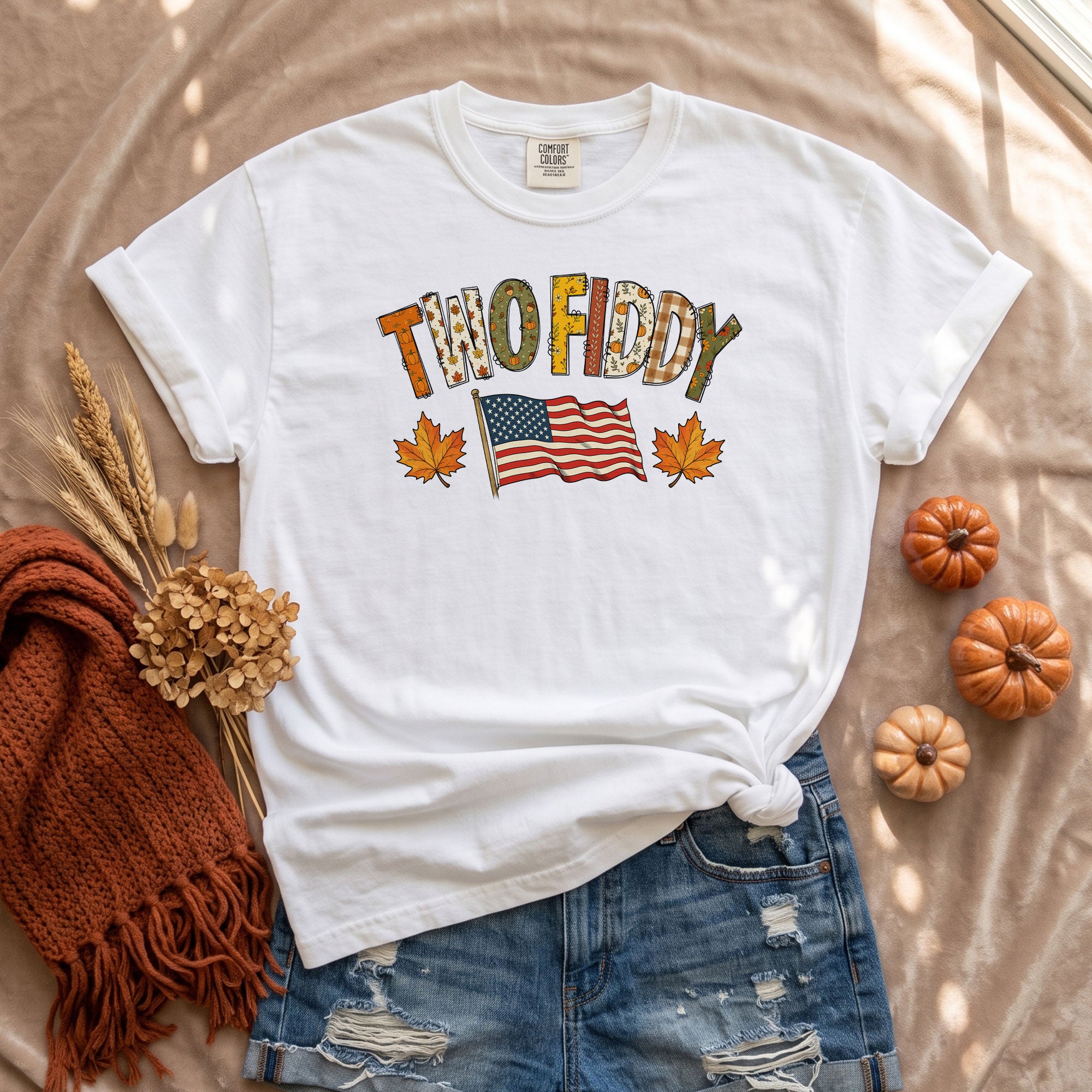 Two Fiddy Shirt Fall Vibes US Flag Maple Leaf Autumn Patriotic Graphic Tee