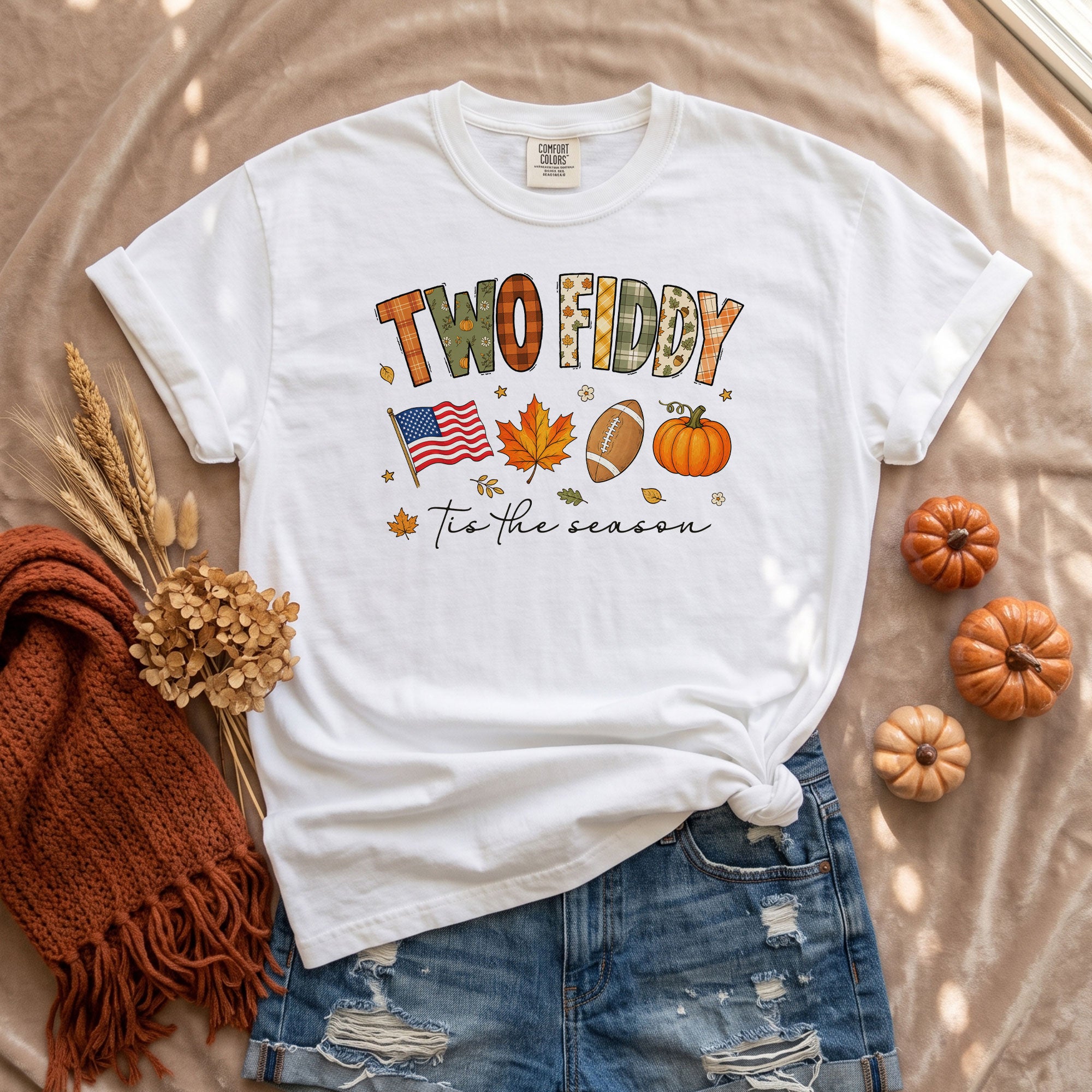 Two Fiddy Tis The Season Shirt Football Pumpkin Fall US Flag Patriotic Tee