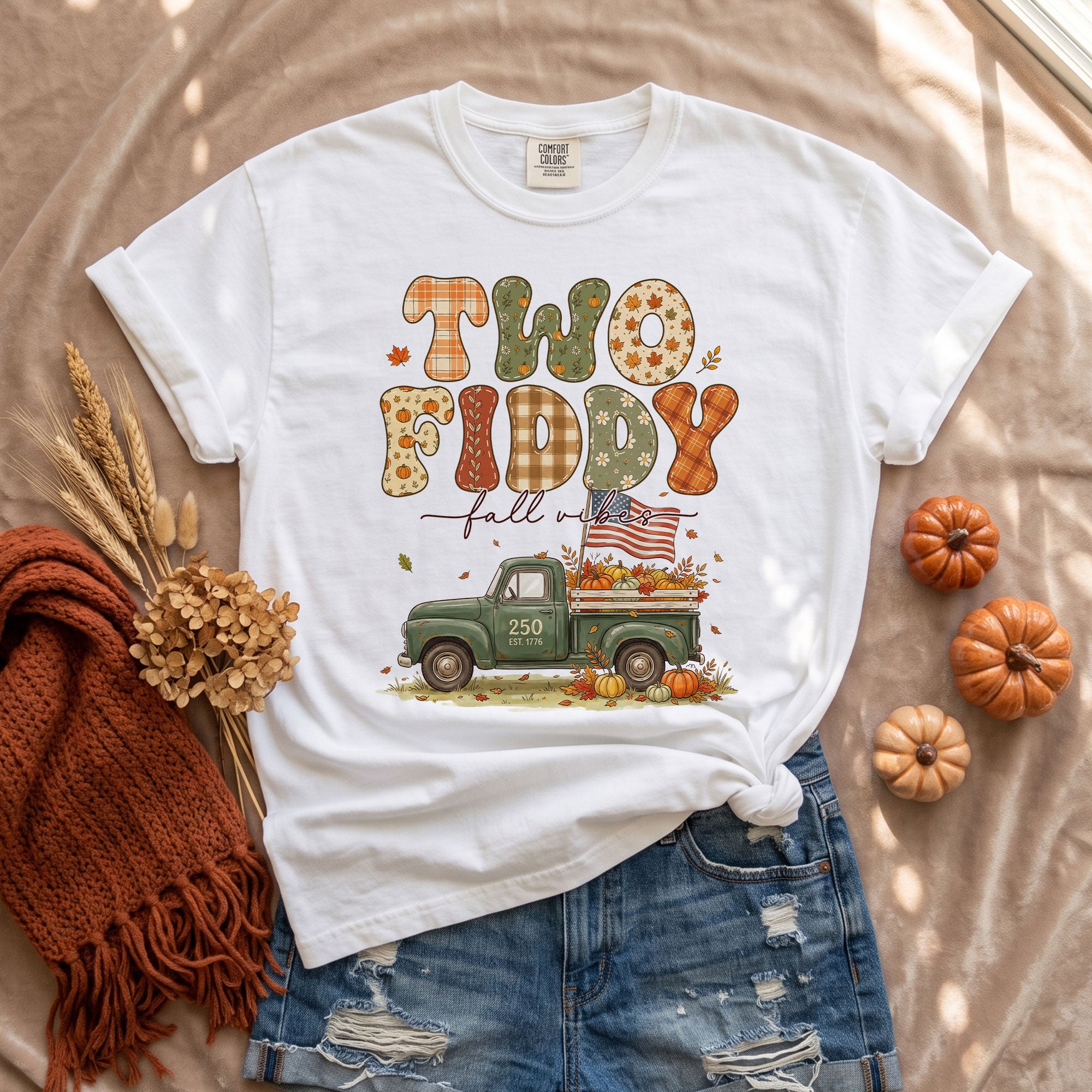 Two Fiddy Fall Vibes Shirt Vintage Pumpkin Truck US Flag Autumn Graphic Tee