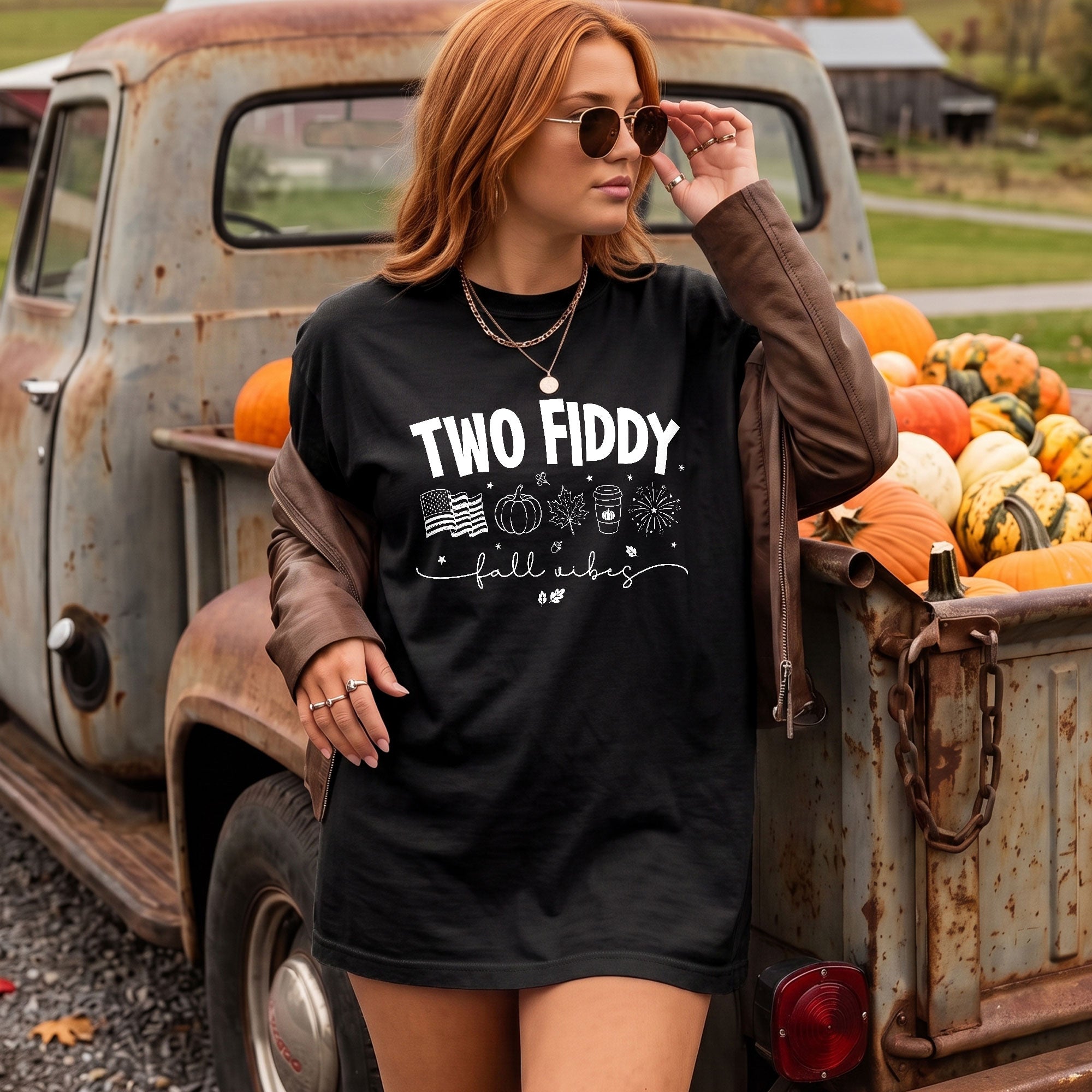Two Fiddy Fall Shirt Pumpkin Spice Coffee US Flag Fireworks Autumn Graphic