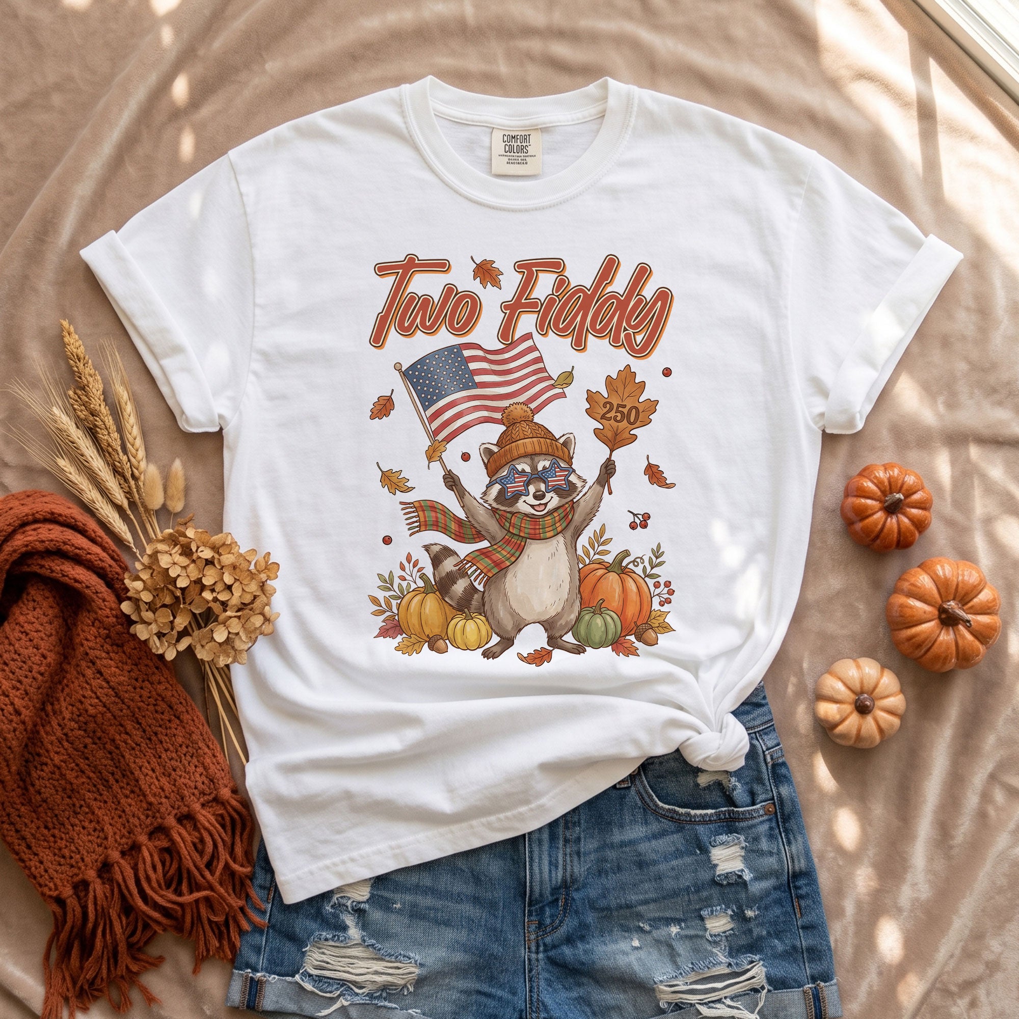 Two Fiddy Fall Vibes Shirt Cute Raccoon Pumpkin US Flag Autumn Graphic Tee