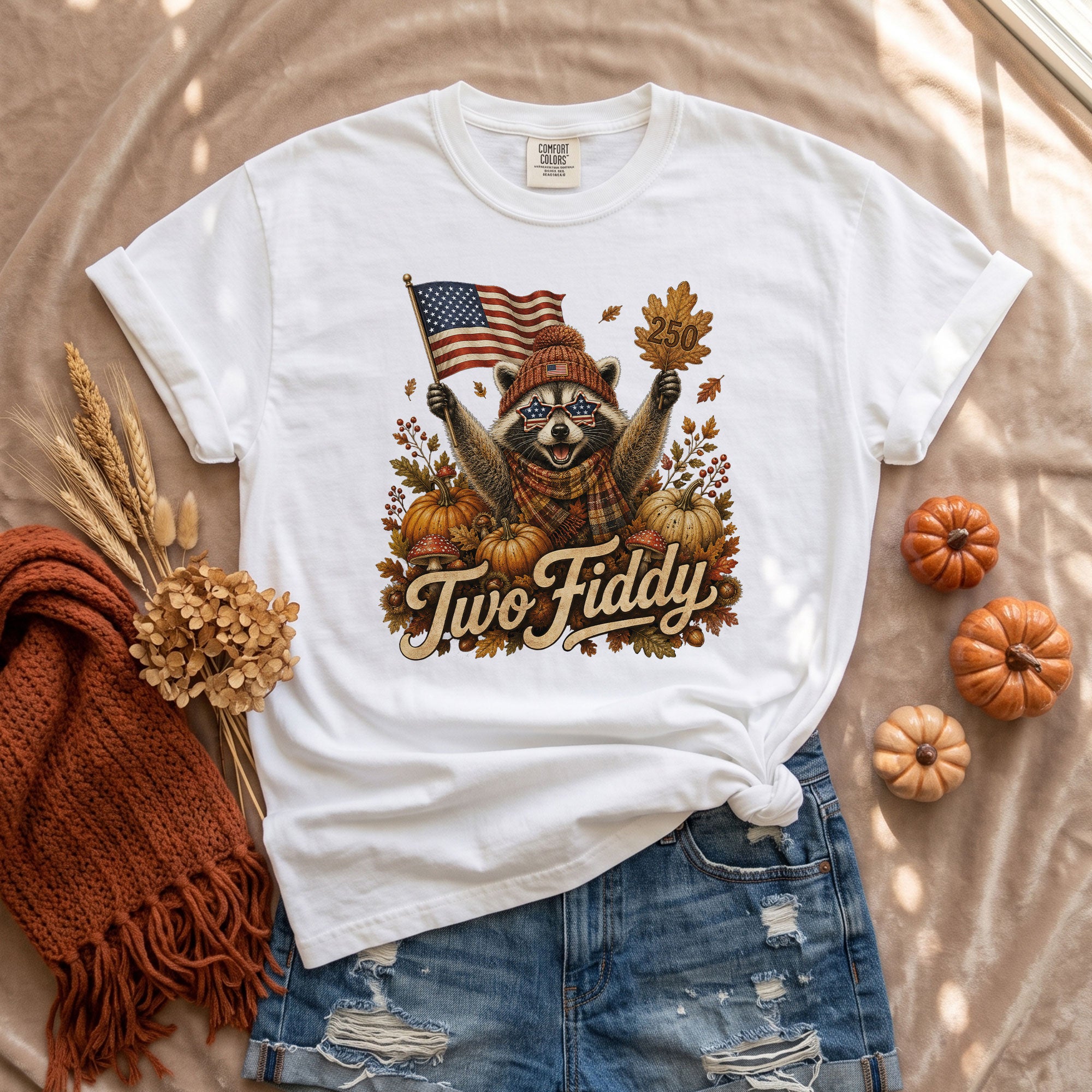 Patriotic Fall Shirt Two Fiddy Retro Raccoon Pumpkin US Flag Autumn Graphic Tee