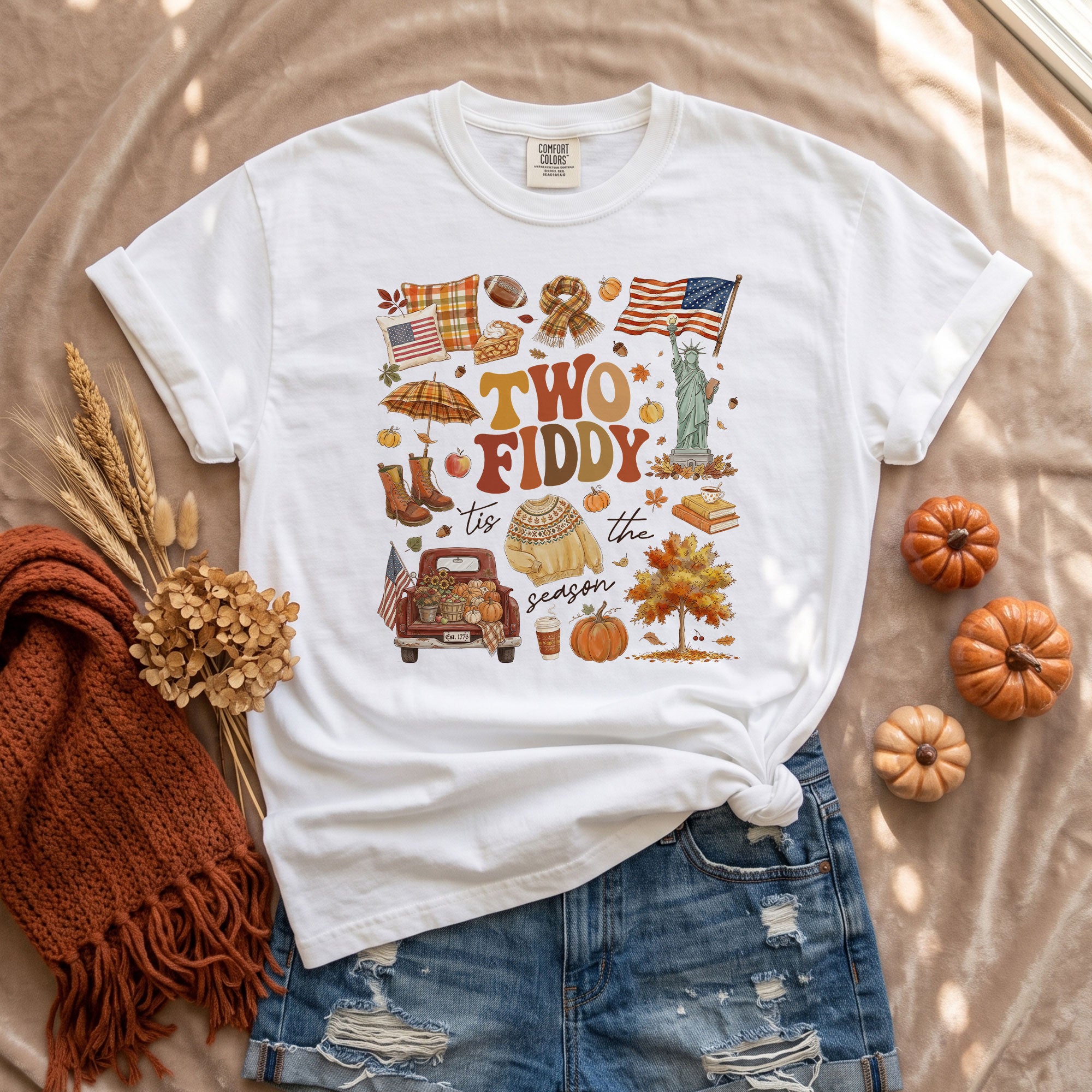 Two Fiddy Tis The Season Shirt Fall Doodle Pumpkin Statue of Liberty US Flag Tee