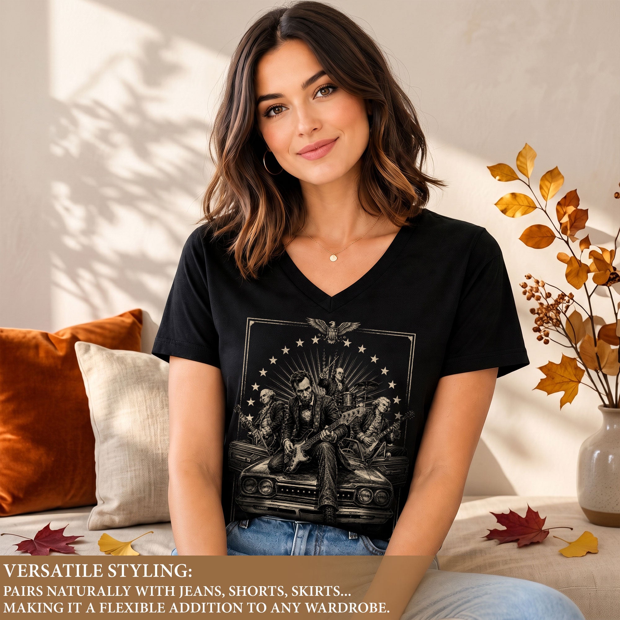 Lincoln Playing Guitar Vintage V-Neck Graphic T Shirt Patriotic Band Women's Top