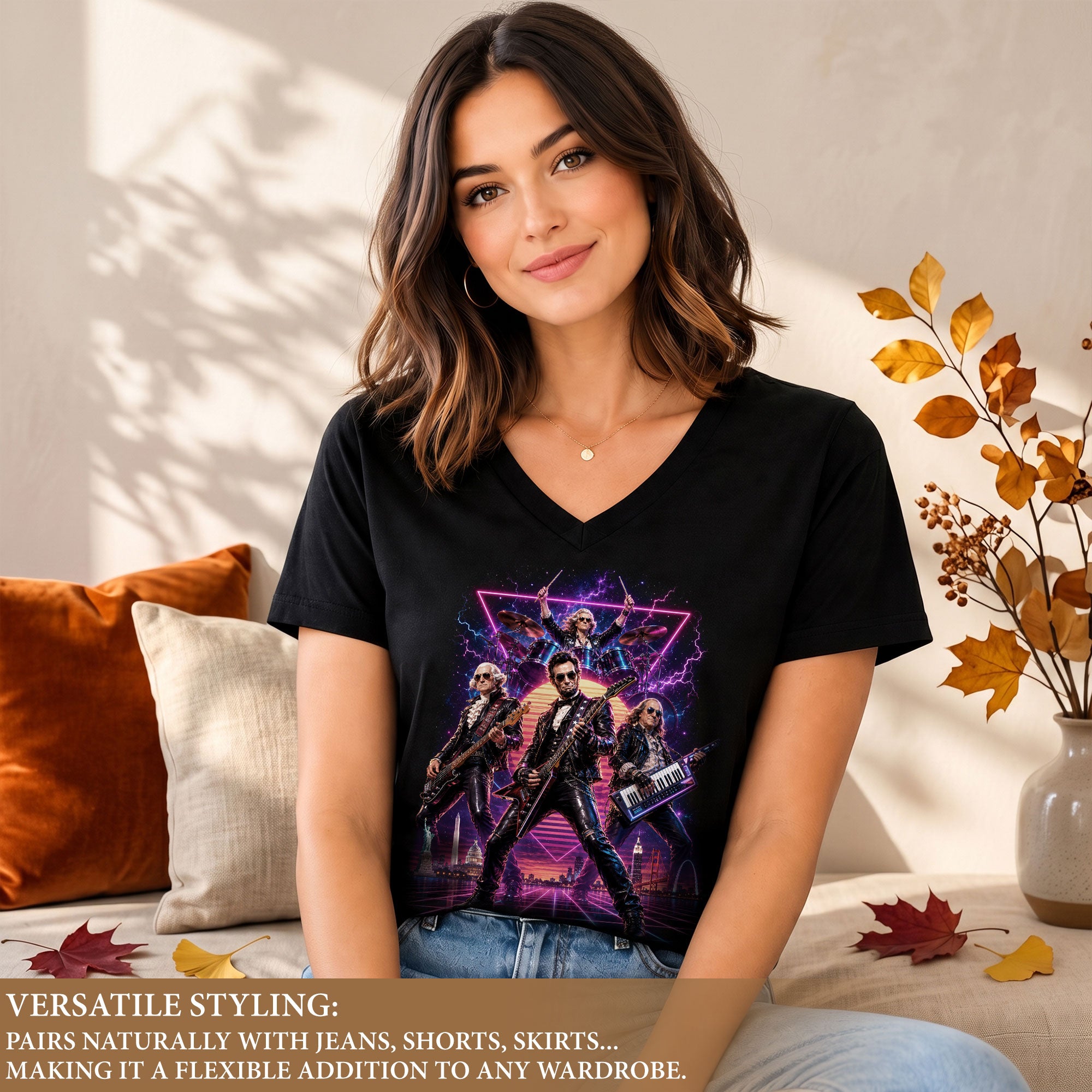 Presidential Rockers Synthwave V-Neck Graphic Shirt Patriotic Women's Casual Tee