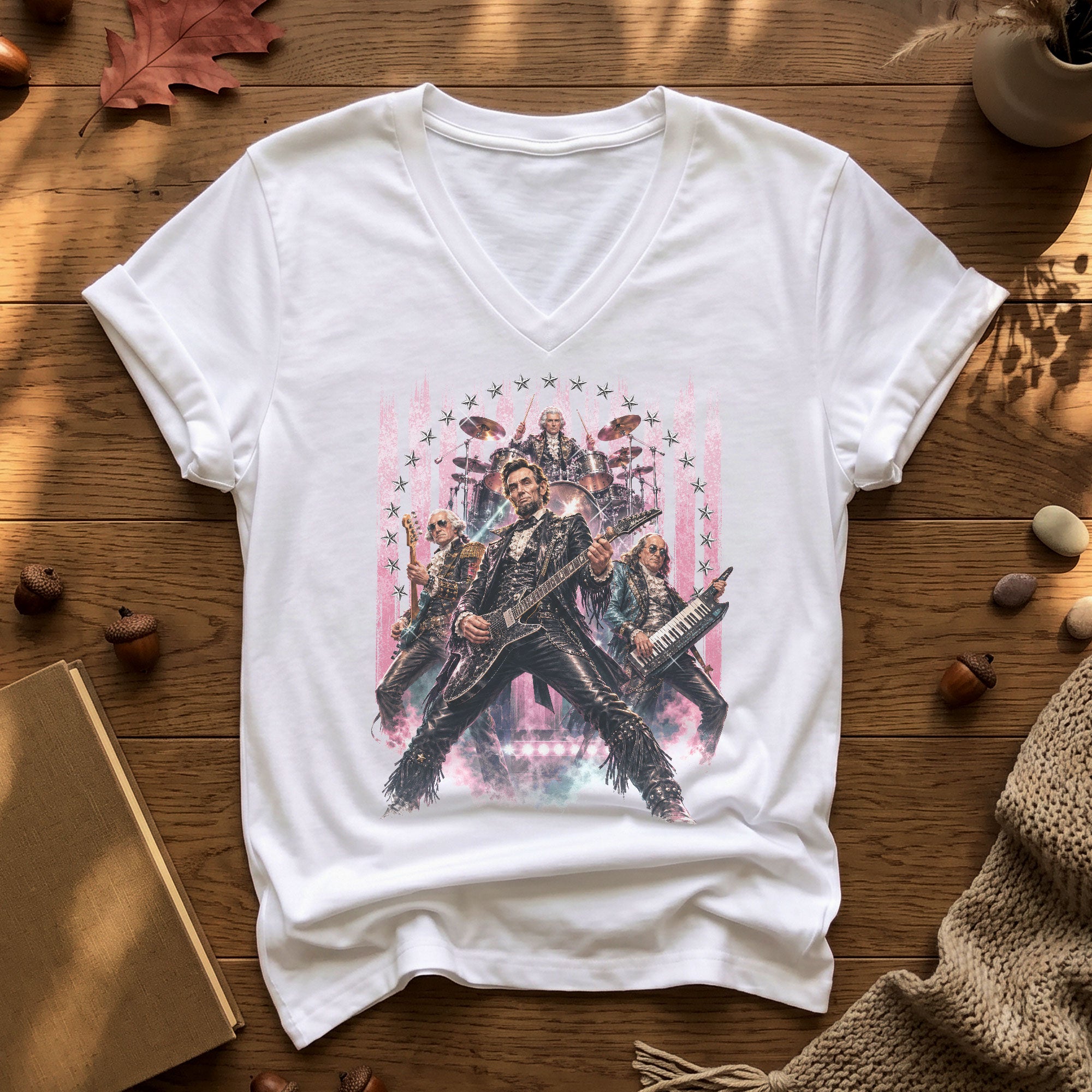 Vintage Presidential Band V-Neck Graphic Shirt Pink Patriotic Women's Apparel Top