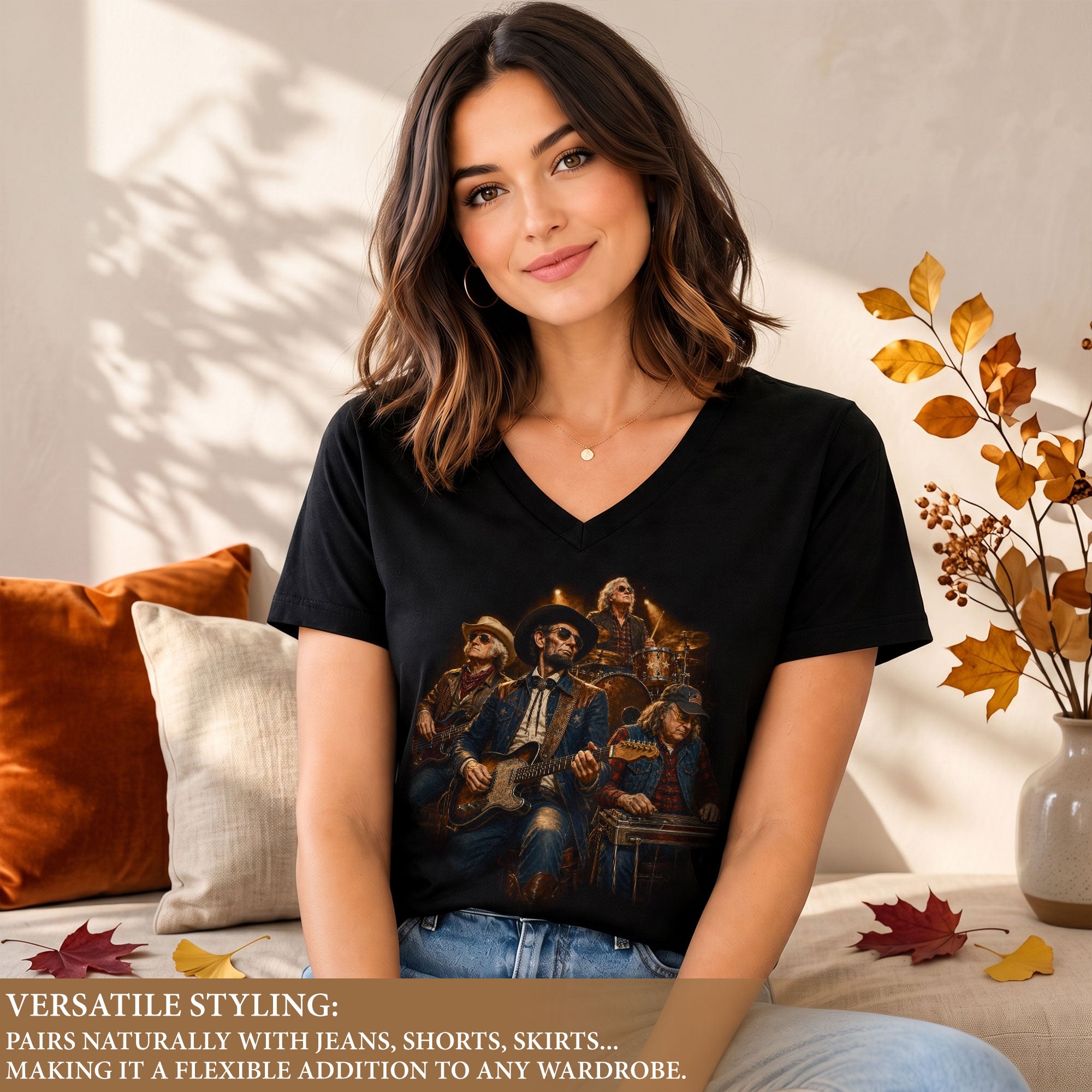 Presidential Country Band V-Neck Graphic T Shirt Patriotic Women's Casual Fashion Top