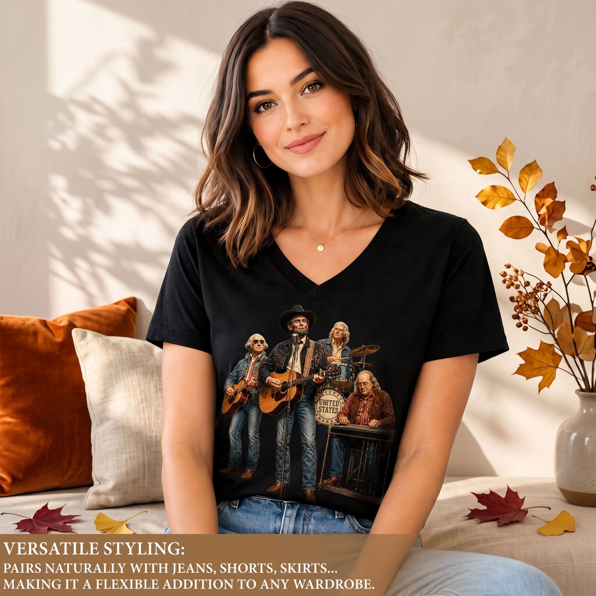 Presidential Country Music Band V-Neck Graphic Shirt Patriotic Women's Apparel Top