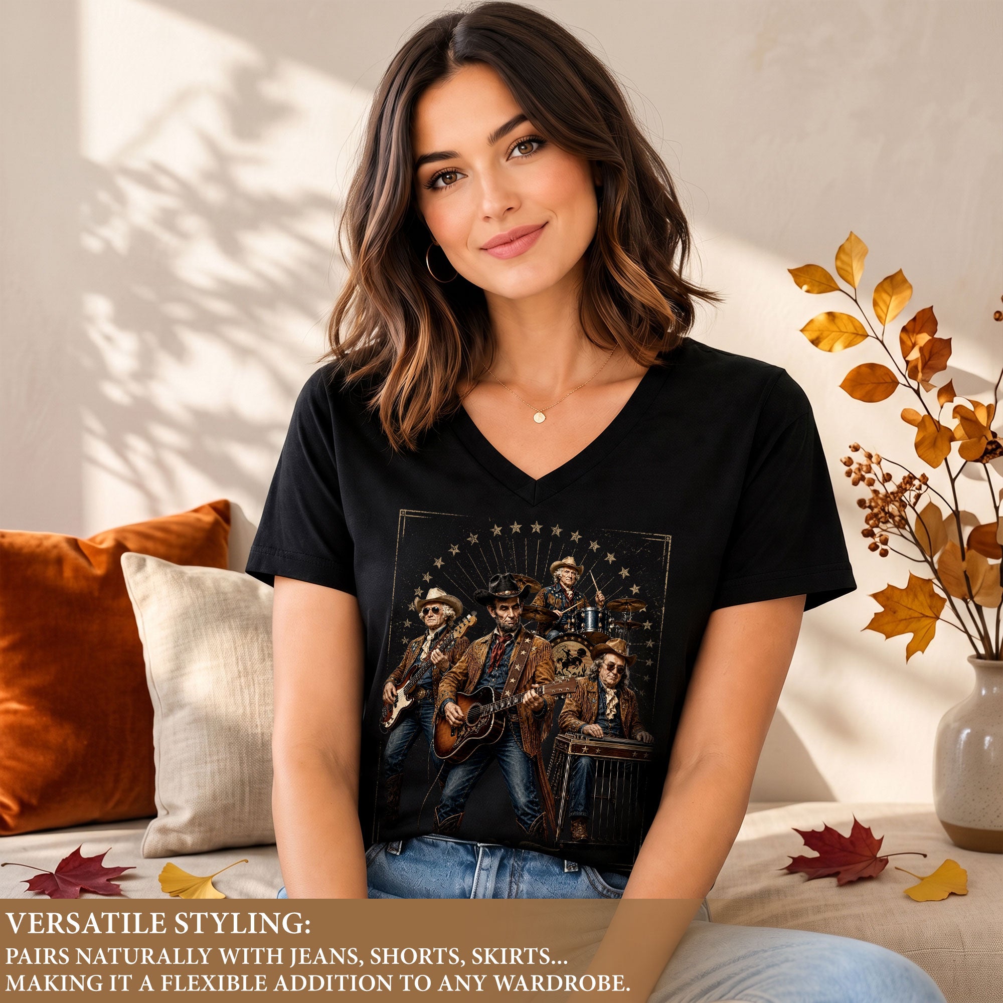 Vintage Historical Country Rockers V-Neck Tee Patriotic Style Women's Casual Shirt
