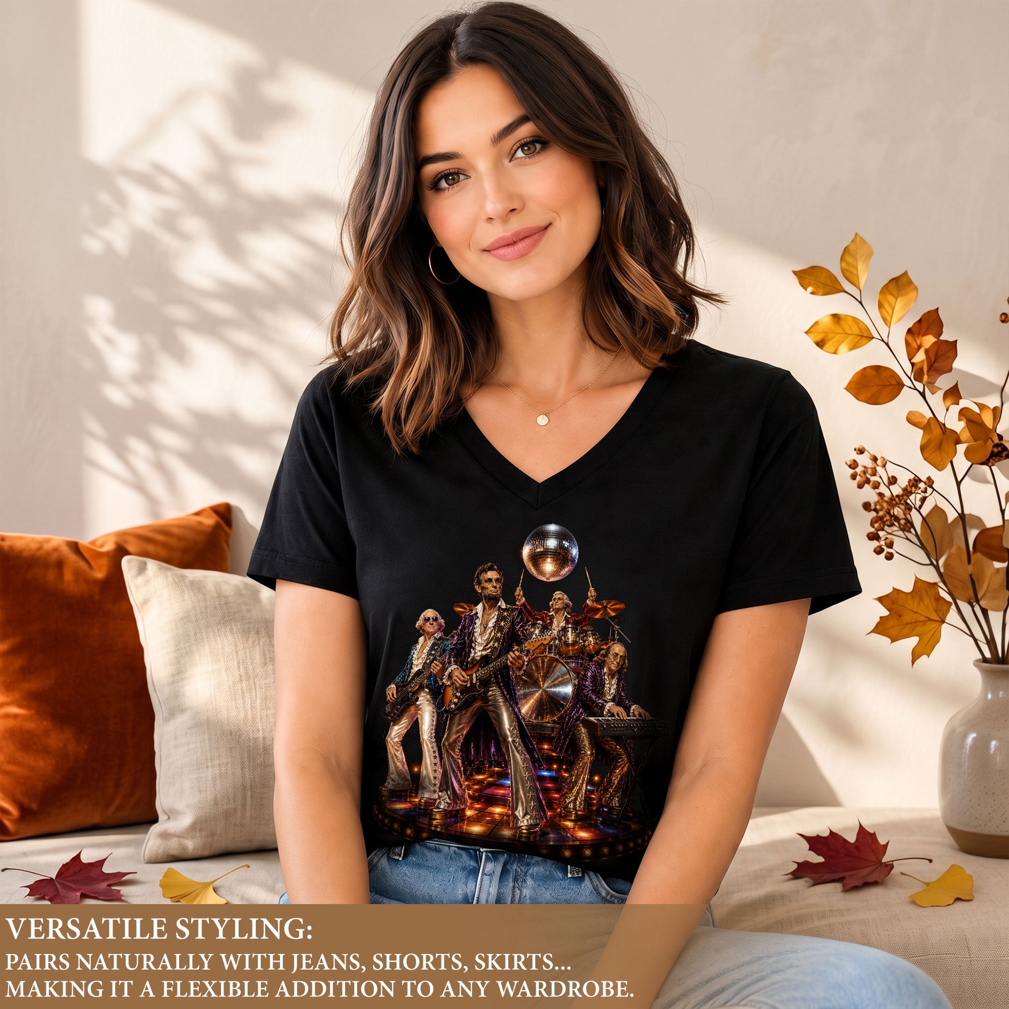 Unique Presidential Disco Music V-Neck Graphic T-Shirt Patriotic Women's Casual Wear