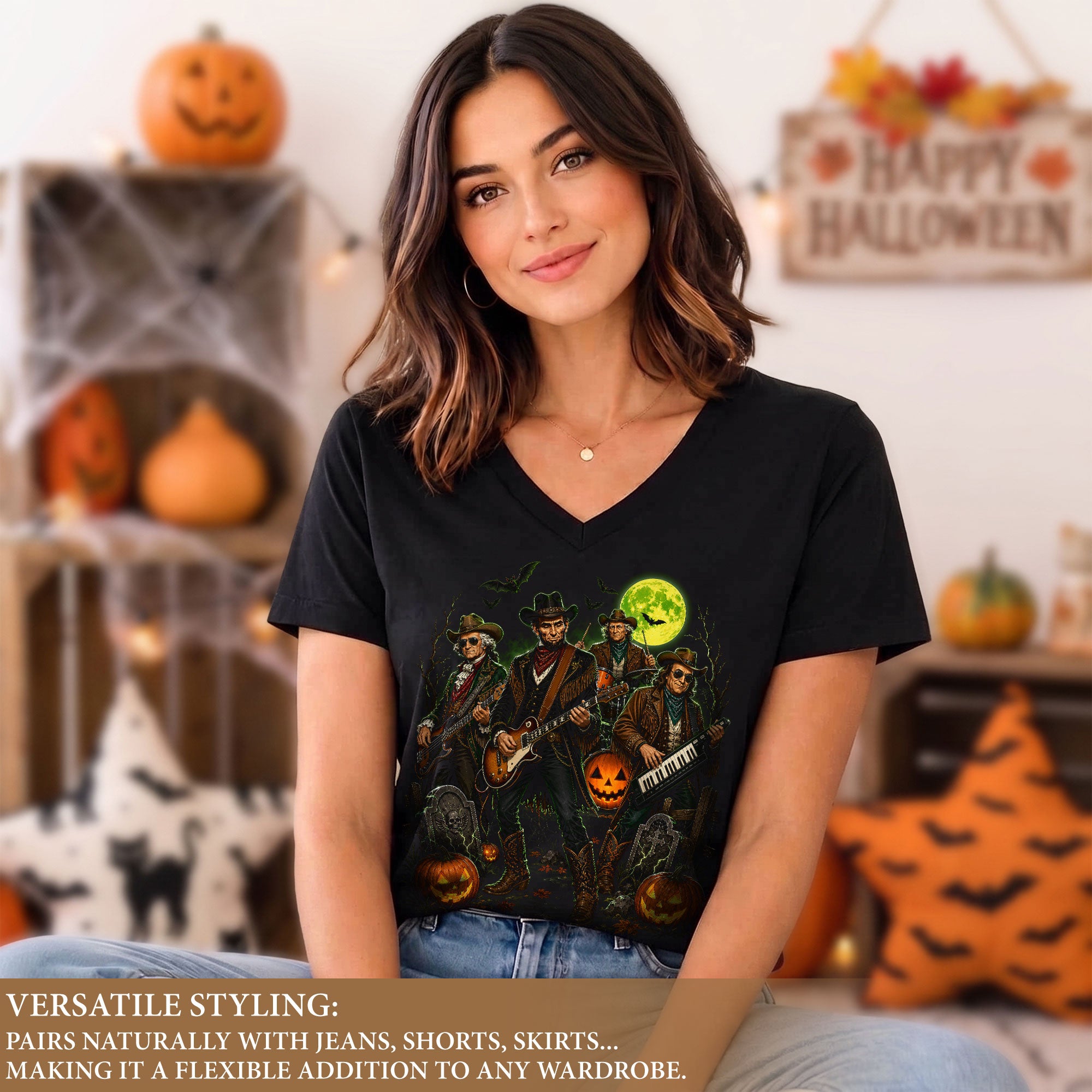 Halloween Lincoln Playing Guitar V-Neck Shirt Women Spooky Historical Rock Band Tee