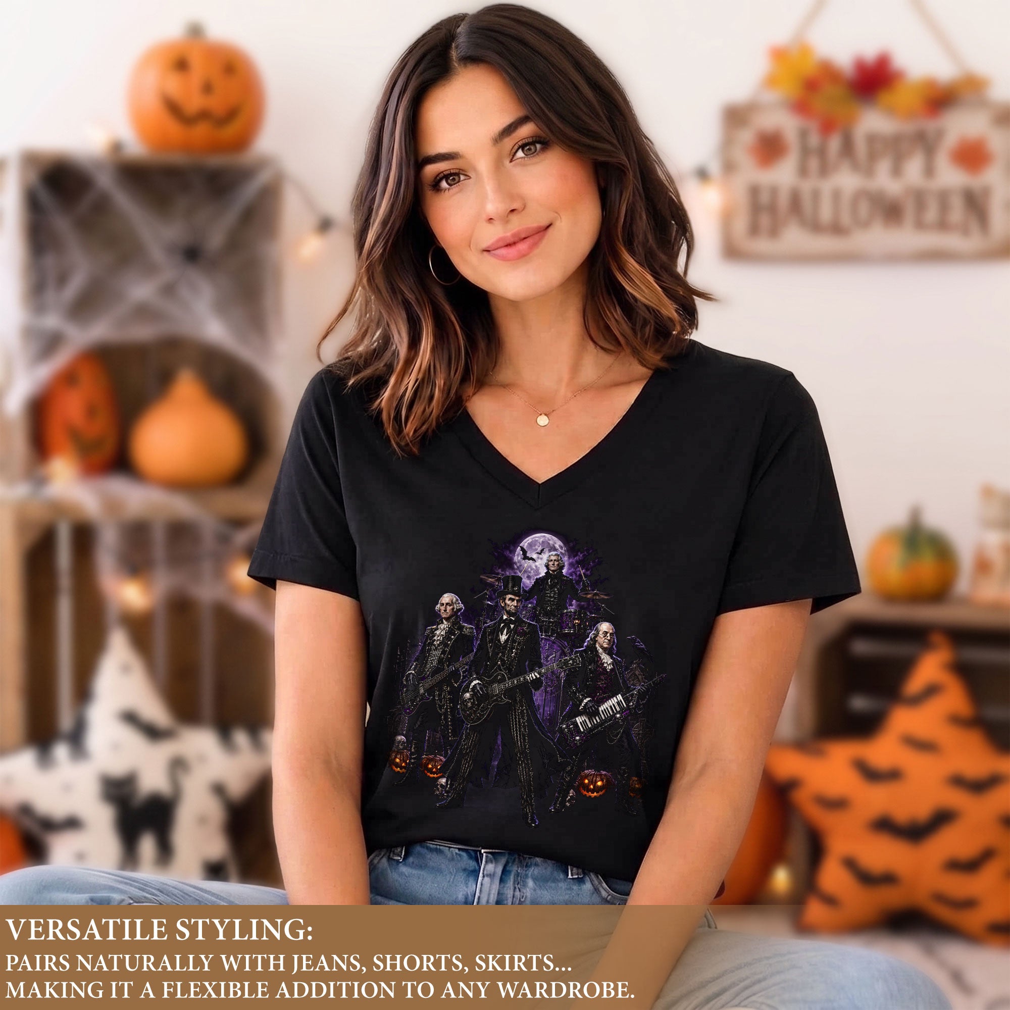 Founding Fathers Rock Band Halloween V-Neck Shirt Women Lincoln Playing Guitar Tee