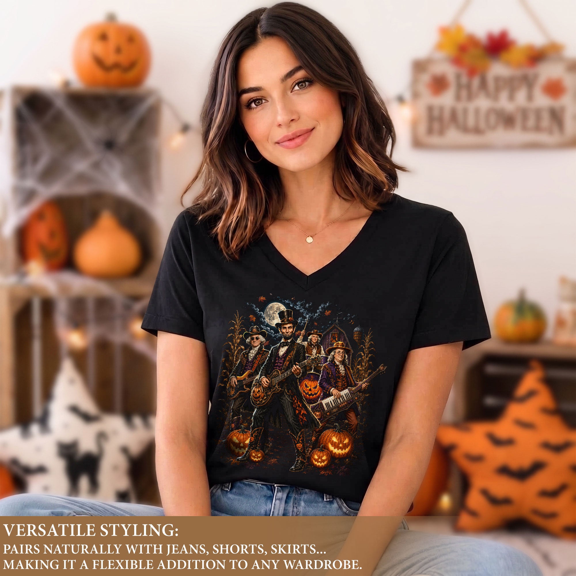 Lincoln Playing Guitar Halloween V-Neck Shirt Women Spooky Presidents Cornfield Tee