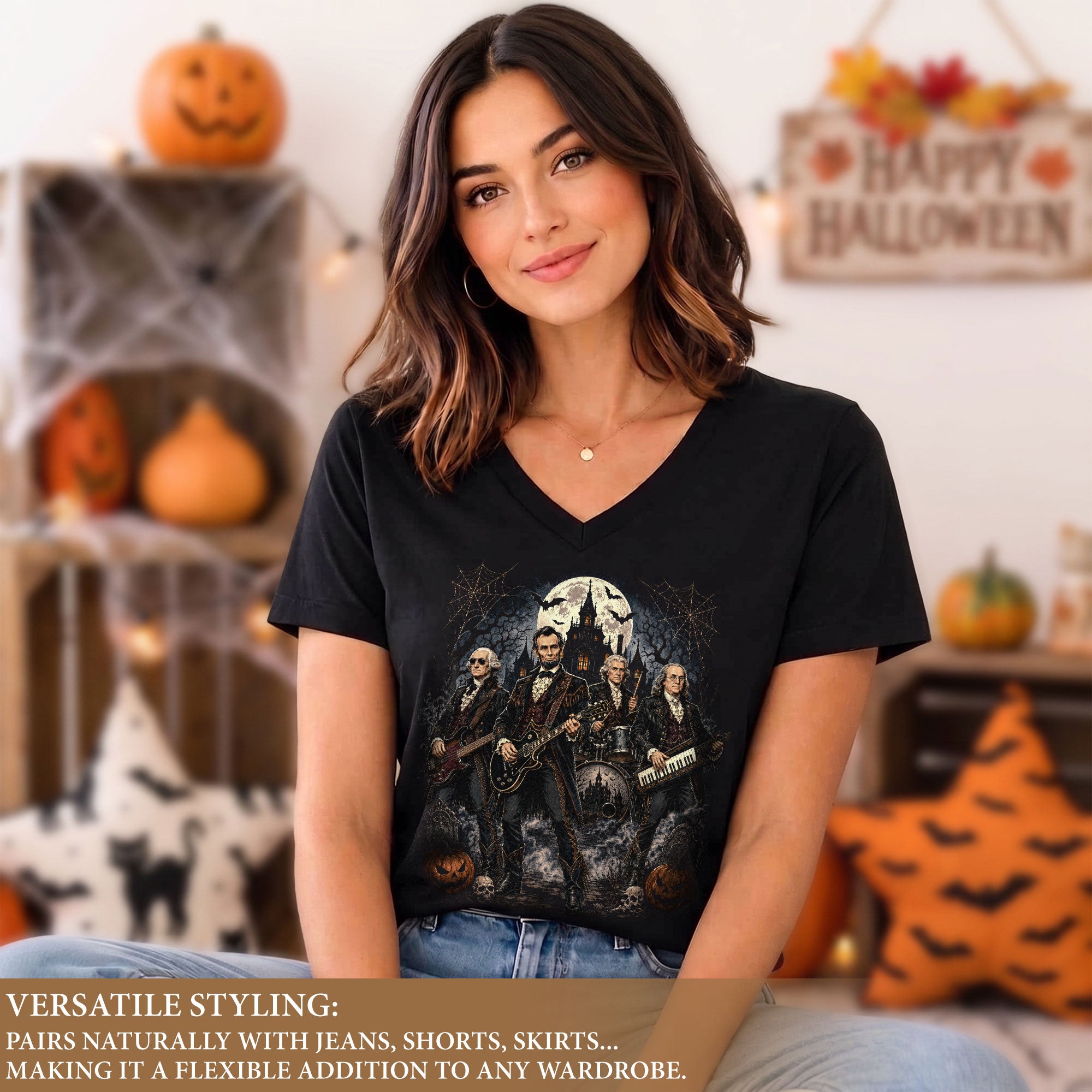 Lincoln Playing Guitar Halloween V-Neck Shirt Women Spooky Haunted Castle Band Tee