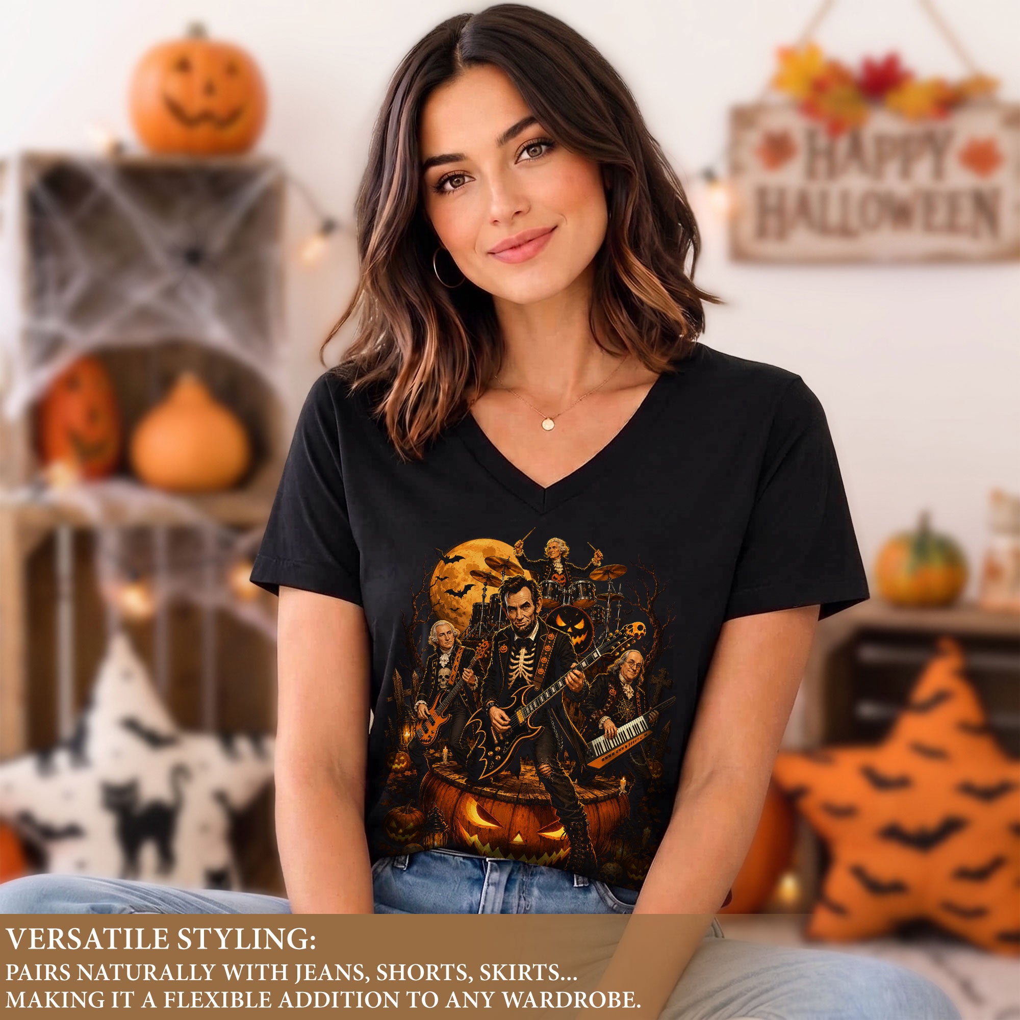 Lincoln Skeleton Guitar Halloween V-Neck Shirt Women Spooky Giant Pumpkin Band Tee