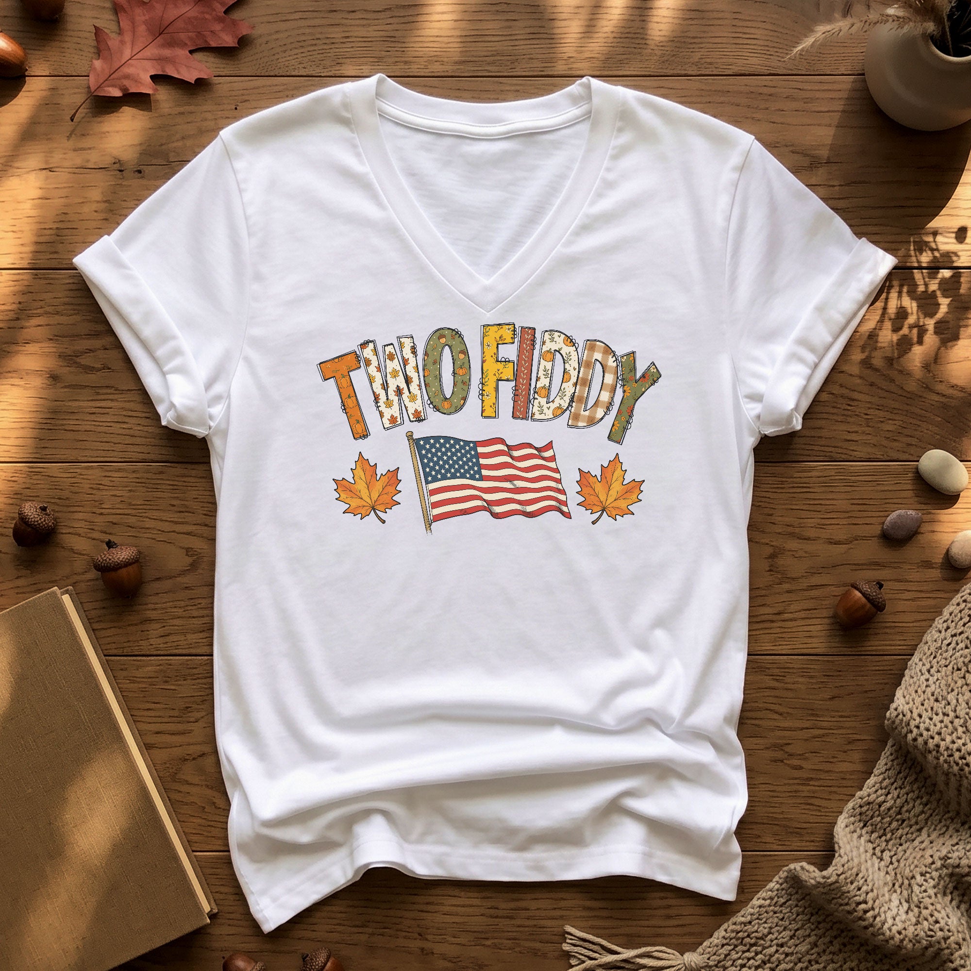 Two Fiddy Fall Flag Graphic V-Neck T-Shirt Patriotic Autumn Women's Casual Fashion Top