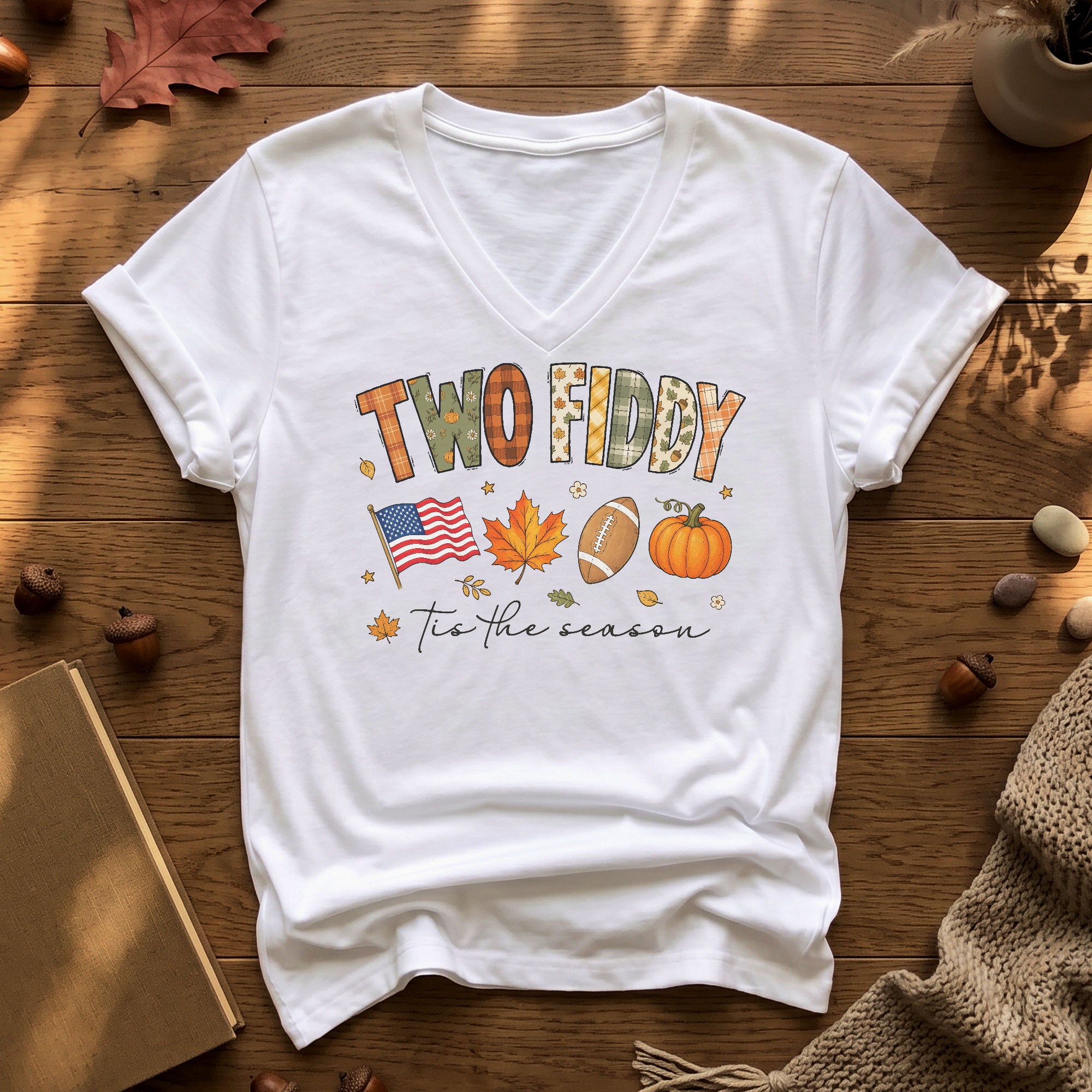 Two Fiddy Patriotic Fall Graphic V-Neck Shirt Seasonal USA Flag Women's Casual Wear
