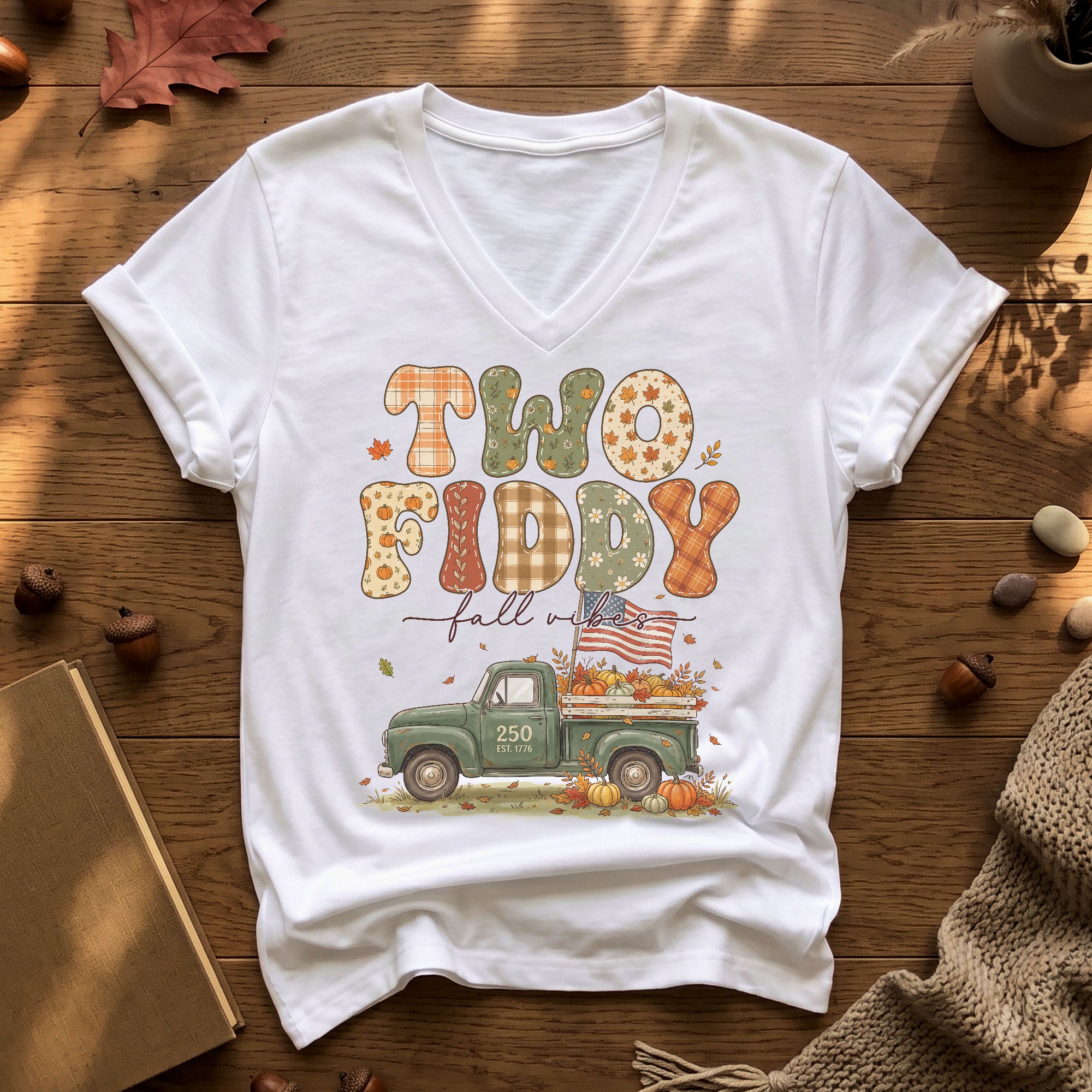 Two Fiddy Fall Vibes V-Neck Graphic T-Shirt Pumpkin Truck Patriotic Women's Casual Top