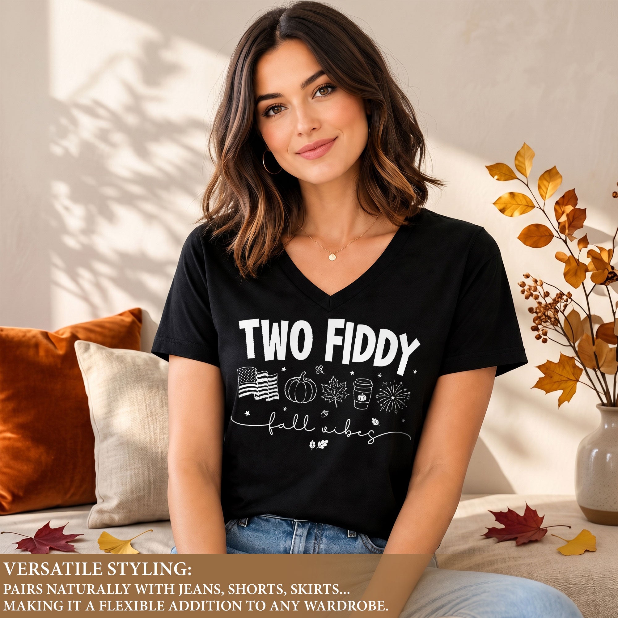 Seasonal Two Fiddy Graphic V-Neck Shirt USA Flag Fall Vibes Women's Casual Apparel